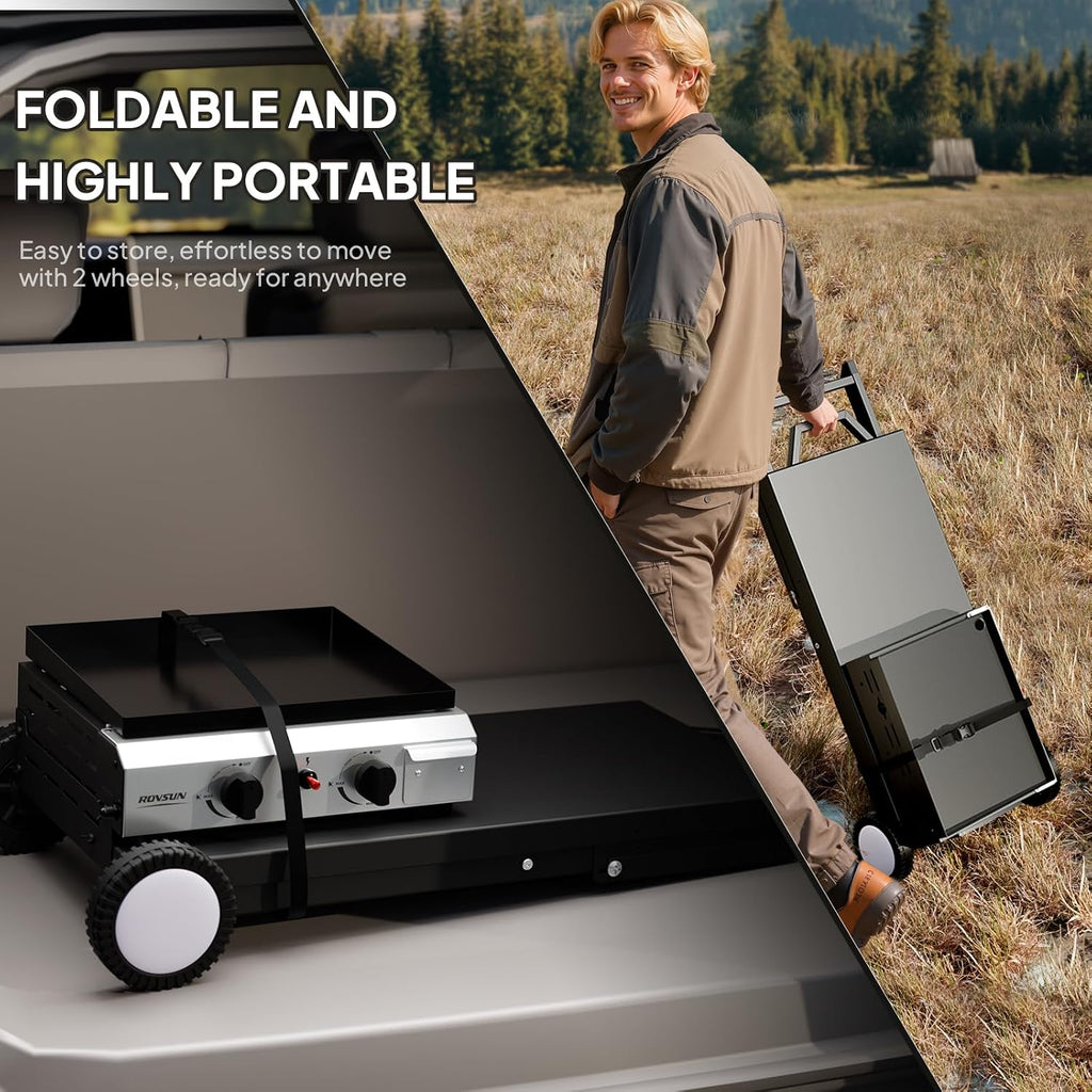 Bonnlo Foldable Flat Top Grill with 2 Burner, Powerful 20,000 BTU Propane Gas Grills with Ignition, Enamel Griddle, Side Shelf & Portable Cart with Wheels for Outdoor Camping Hibachi Grill Use