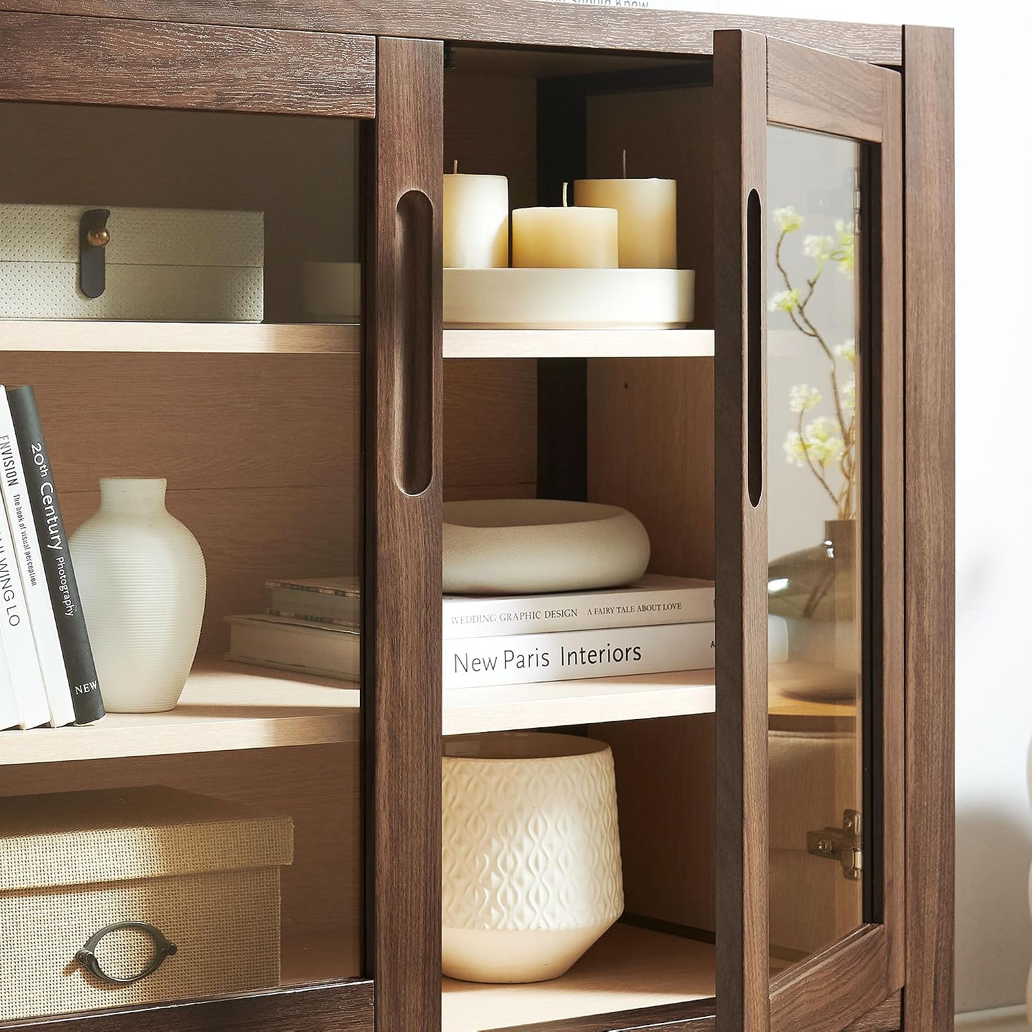 Modway Nell 36 Inch Accent Storage Cabinet in Walnut – Tea/Coffee Small Buffet Cabinet with Shelves for Living Room, Hallway, or Entryway