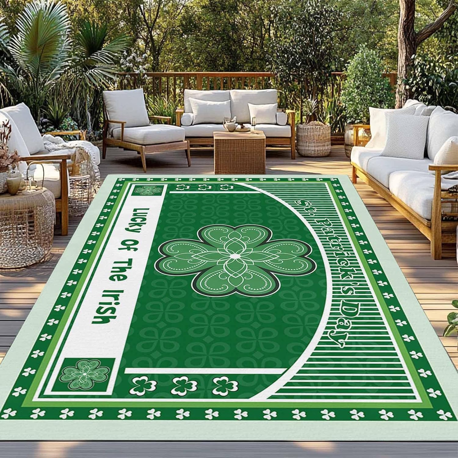 Outdoor Rug 4x6ft Irish Festival Celtic Knots Lucky Shamrock Patio Area Rugs Waterproof Easy Cleaning Non Shedding Thick Mats Stripe Carpet for Indoor Outdoor Porch Deck Backyard Balcony