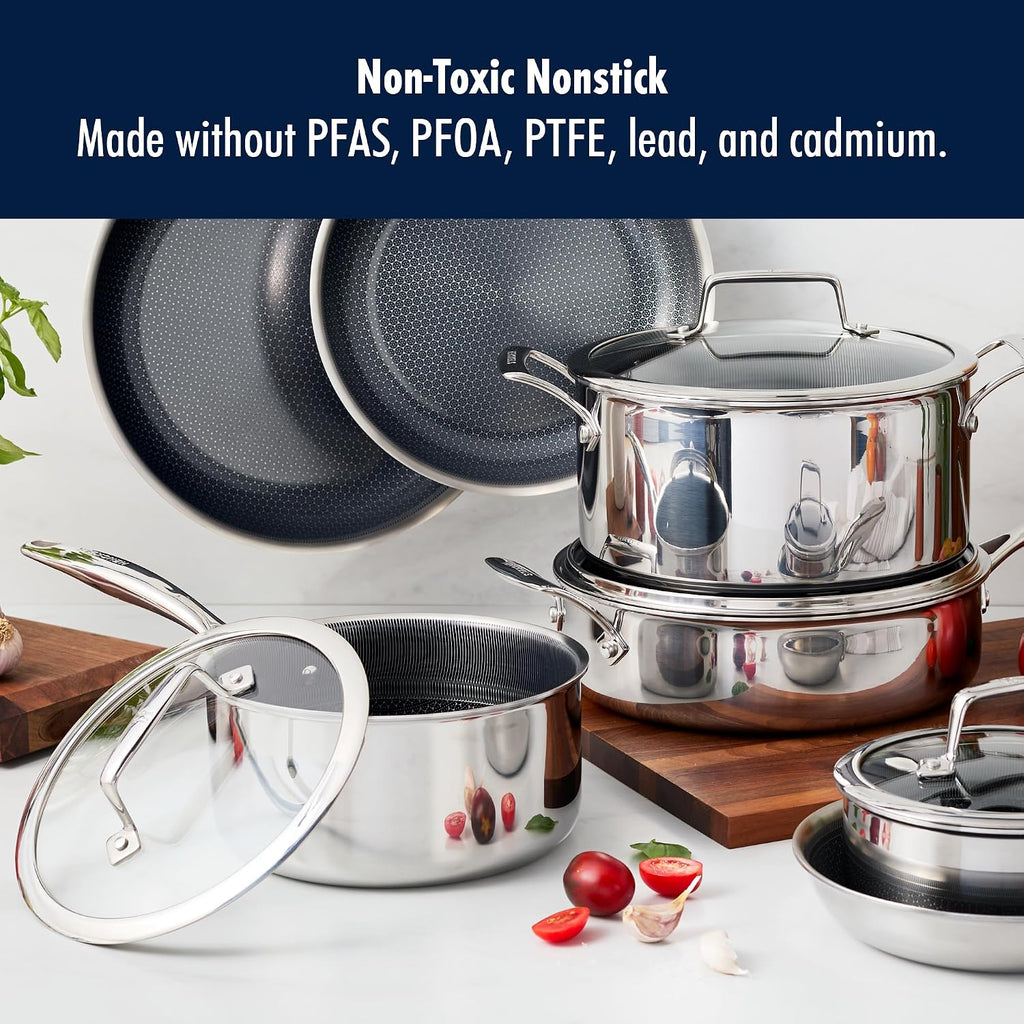 Henckels Paradigm Stainless Steel 6 pc Cookware Set, Tri-Ply Ceramic Nonstick Cookware with Dutch Oven, Non Toxic Induction Cookware Set, Metal-Utensil & Dishwasher Safe