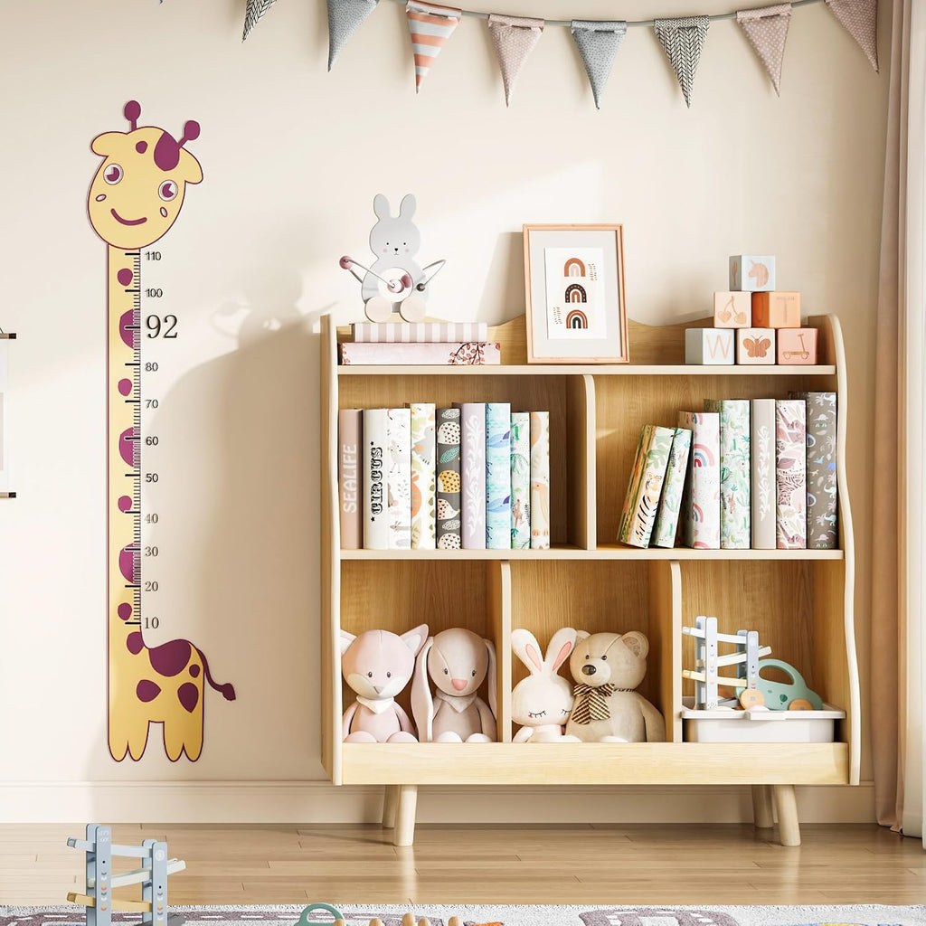 Treocho Kids Bookshelf and Toy Storage Orangizer, 3-Tier Wooden Children's Bookcase with Curve Design, 5 Toy Storage Cabinet Display with Legs for Children's Room, Playroom, School, Natural