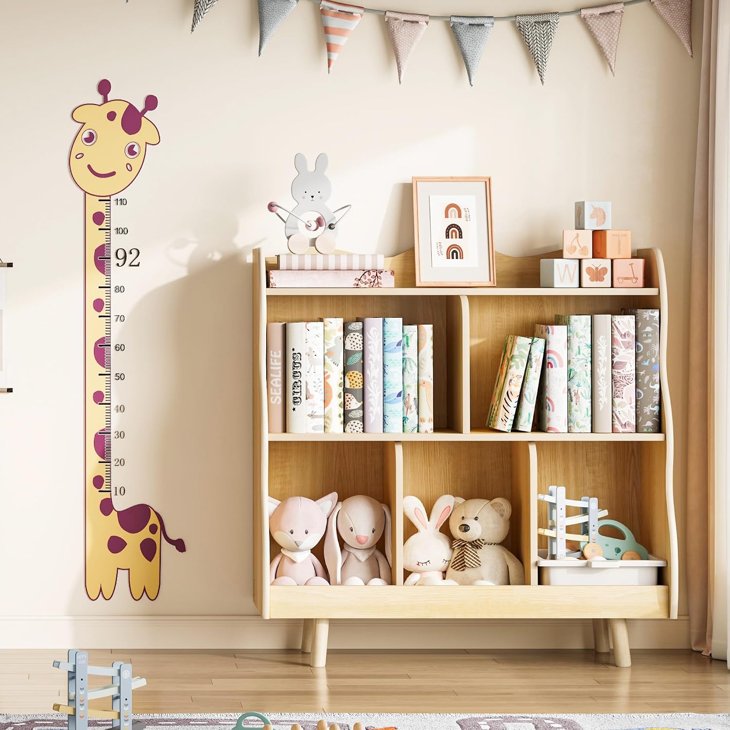 Treocho Kids Bookshelf and Toy Storage Orangizer, 3-Tier Wooden Children's Bookcase with Curve Design, 5 Toy Storage Cabinet Display with Legs for Children's Room, Playroom, School, Natural