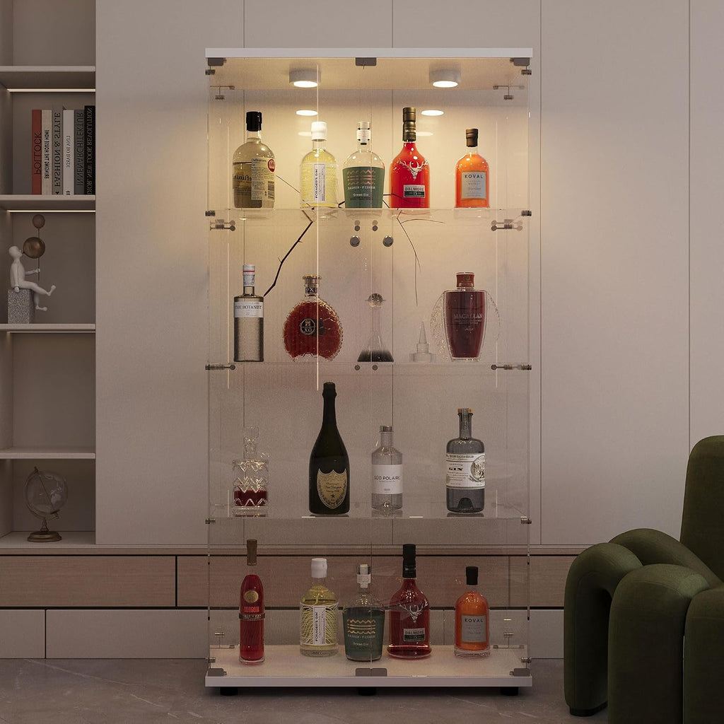 64.69' Tall Tempered Glass Display Cabinet with LED Lights, Curio Cabinet with 4 Shelves with 2 Door, Quick-Install Style Floor Standing Bookshelf File Cabinet for Living Room Office