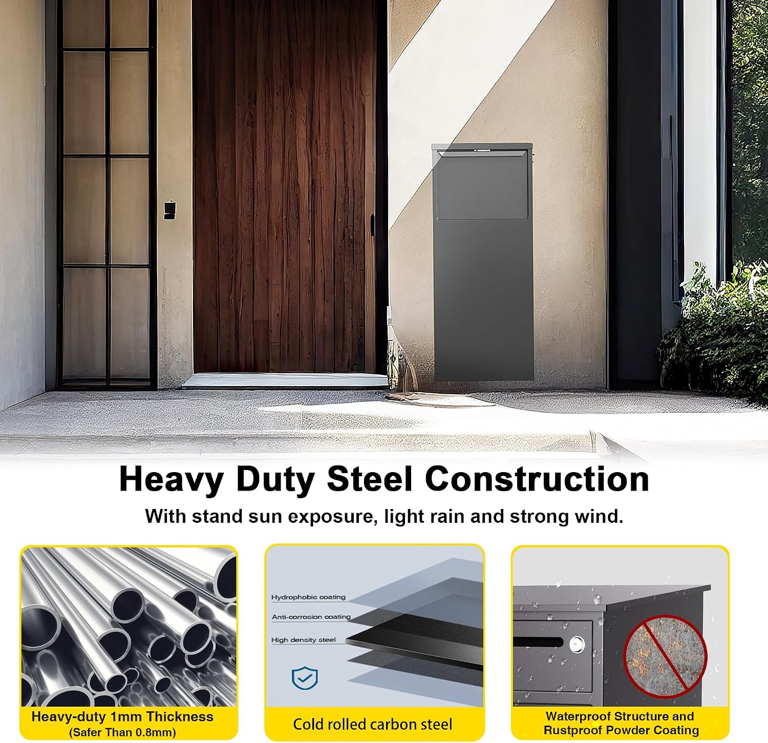 Merapi Package Delivery Box for Outside, 43.3' x 18.3' x 14.0' Cold-Rolled Steel Delivery Box for Packages, Anti-Theft Lockable Parcel Drop Boxes for Porch, House, Curbside, Black