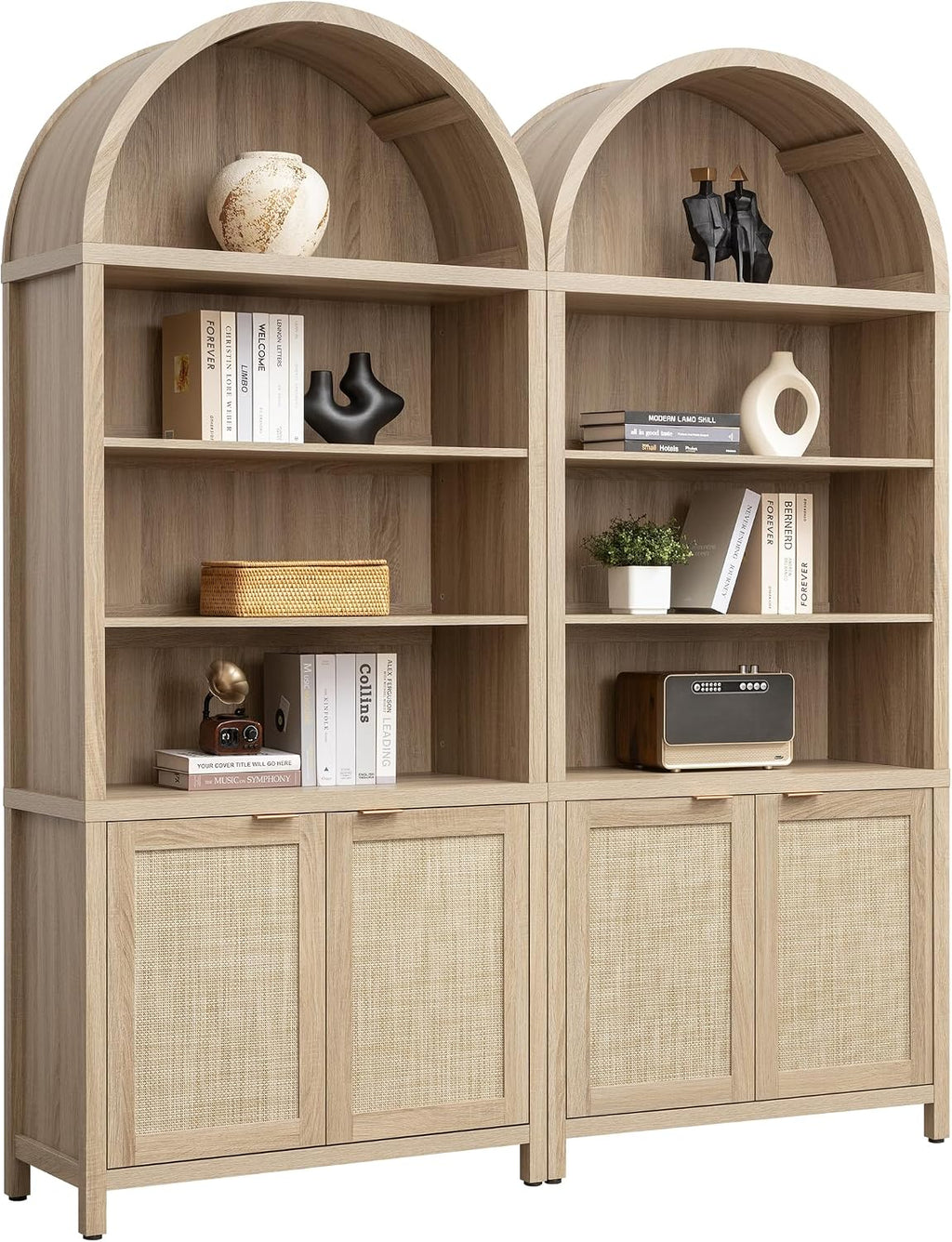 SICOTAS Book Shelf Arched Cabinet Bookshelf Arch 84.2' Tall Bookcase 5 Tier Large Bookshelves with Doors Storage Rattan Boho Wide Book Shelves Case for Living Room Kitchen Office Bedroom Library