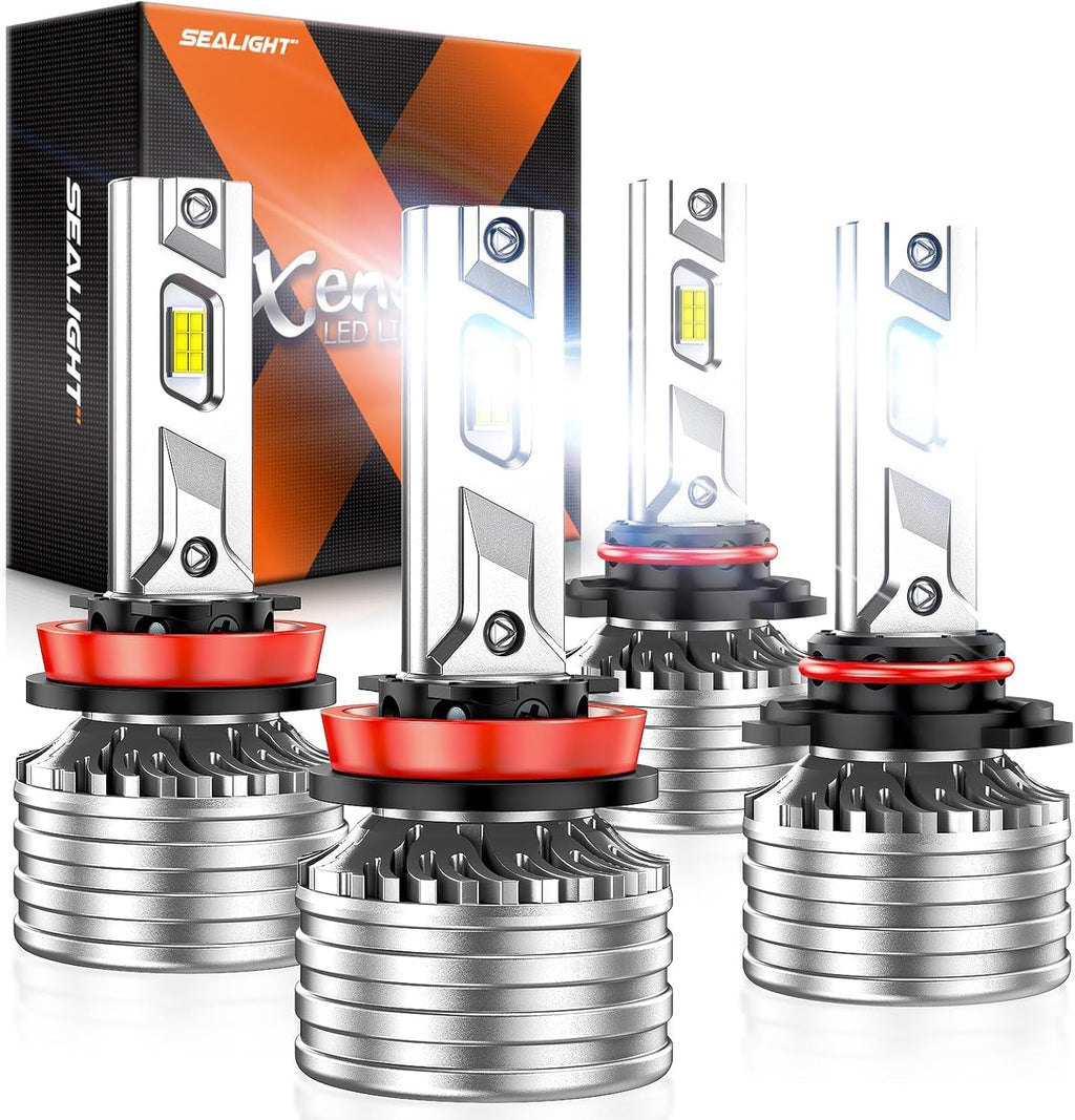 SEALIGHT 9005 H11 Bulbs, 180,000LM 14X Brightness, HB3 H8/H16/H9 6500K Cool White LED Bulbs, IP68 Waterproof 70000Hrs Lifespan, No Flickering, 1Mins Installation, 4 Pack