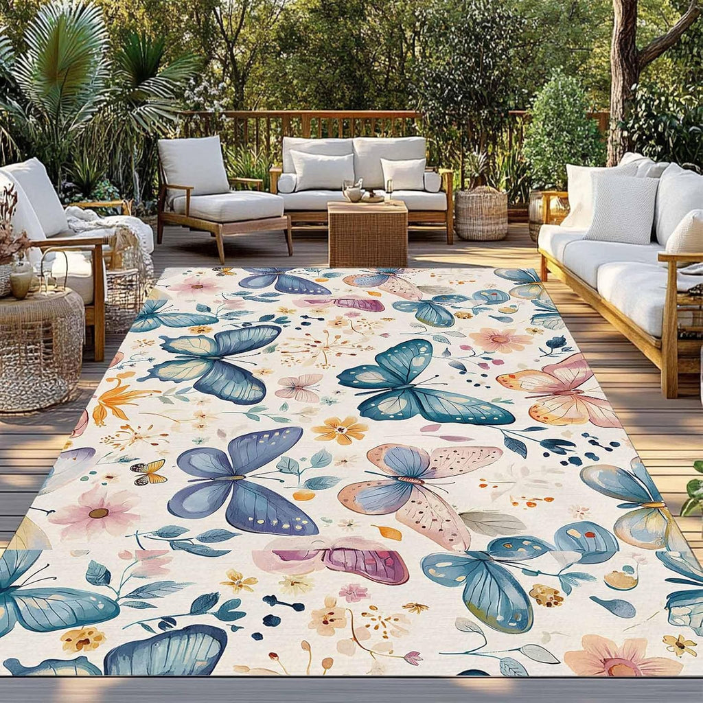 Outdoor Rug 4x6ft Retro Butterfly Leaves Patio Area Rugs Waterproof Easy Cleaning Non Shedding Thick Mats Vintage Carpet for Indoor Outdoor Porch Deck Backyard Balcony