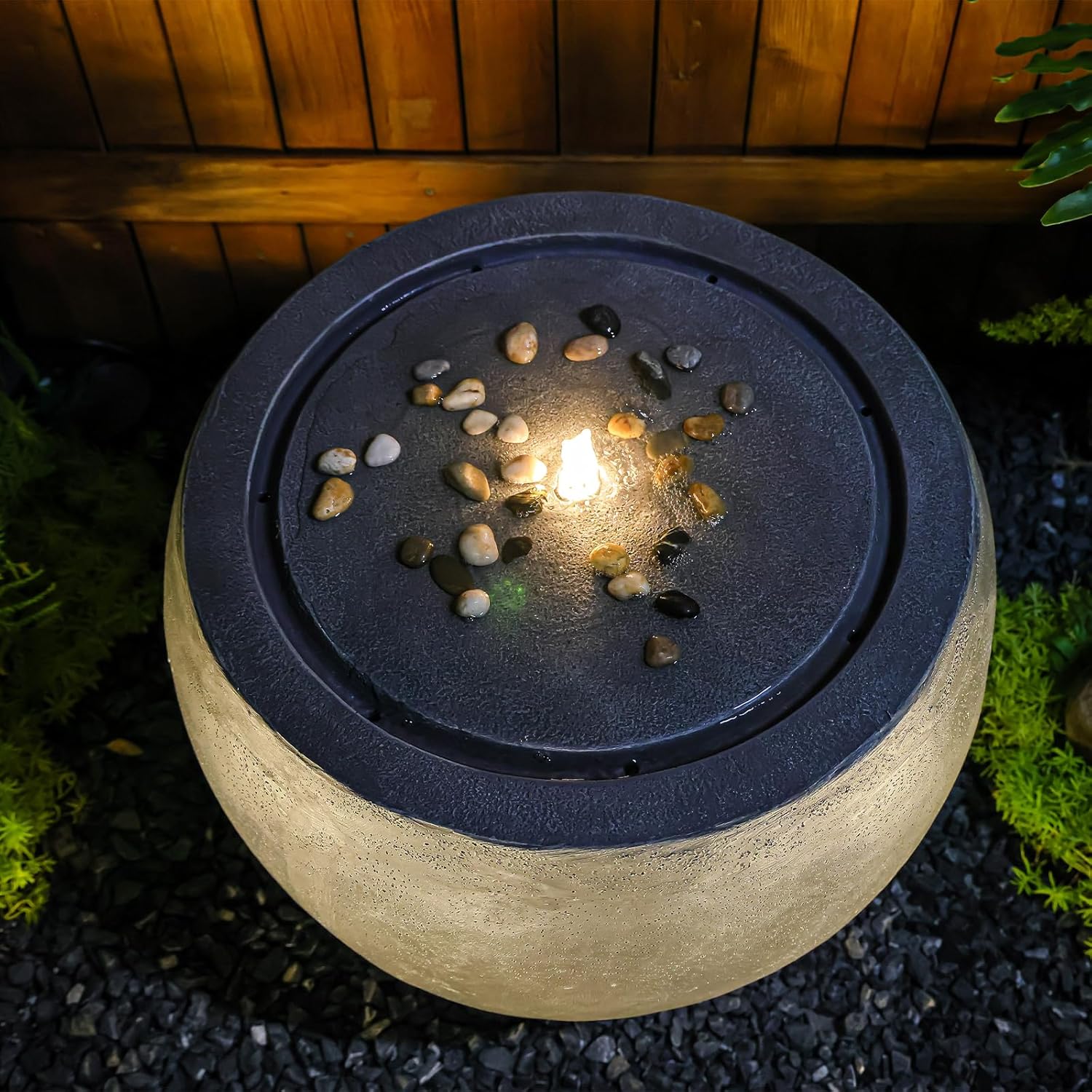 Tankana Garden Water Fountain Outdoor Large Round Bubbler Water Feature Indoor with Lights & Pump and Pebbles Concrete Effect for Patio Pool Pond Yard Home Decor Gray, 25 'L X 25' W X 17.5' H