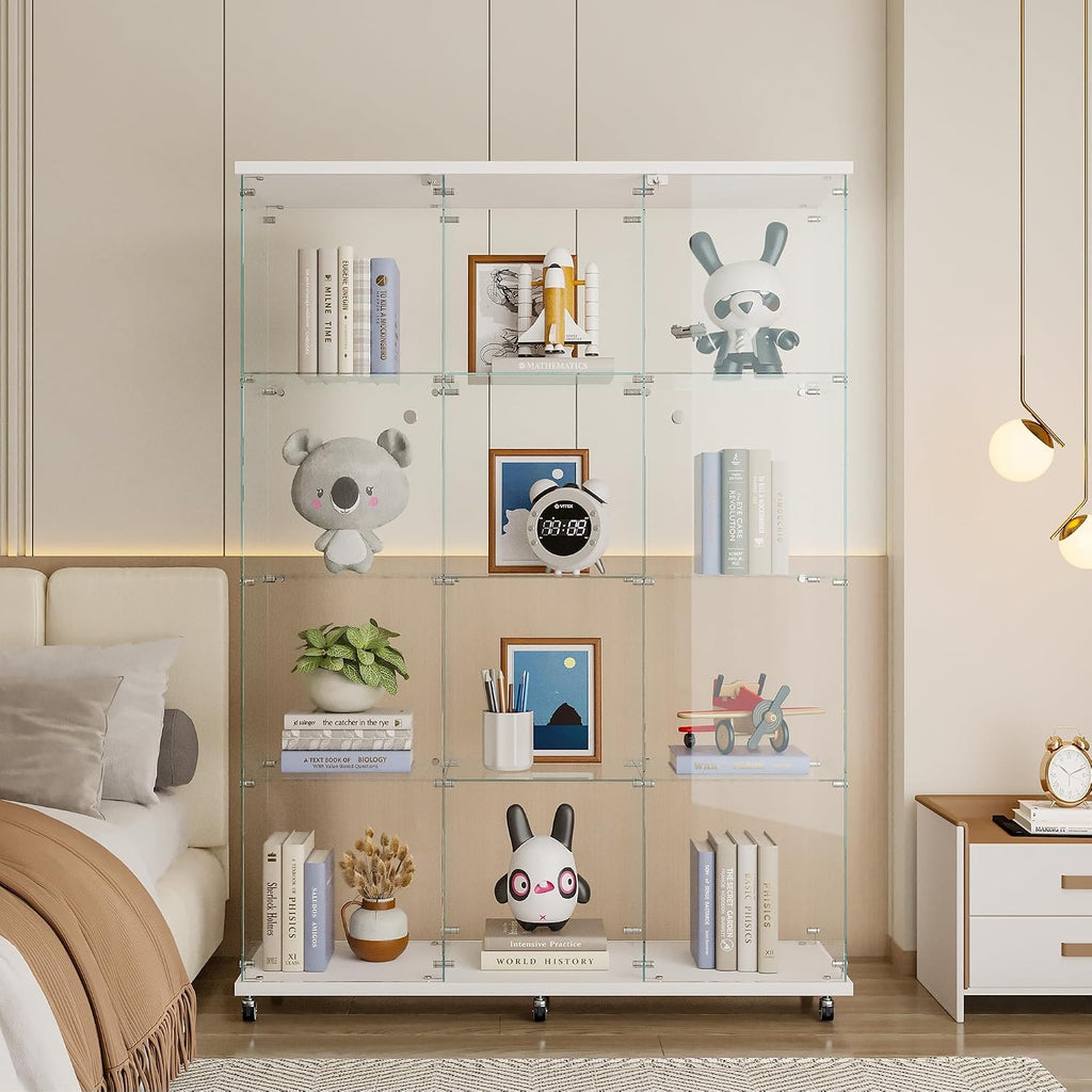 4 Shelves Glass Display Cabinet Extra Large, Curio Collection Glass Display Case for Home Office, Floor Standing Bookshelf Corner Cabinet for Book Toys Glory (White)