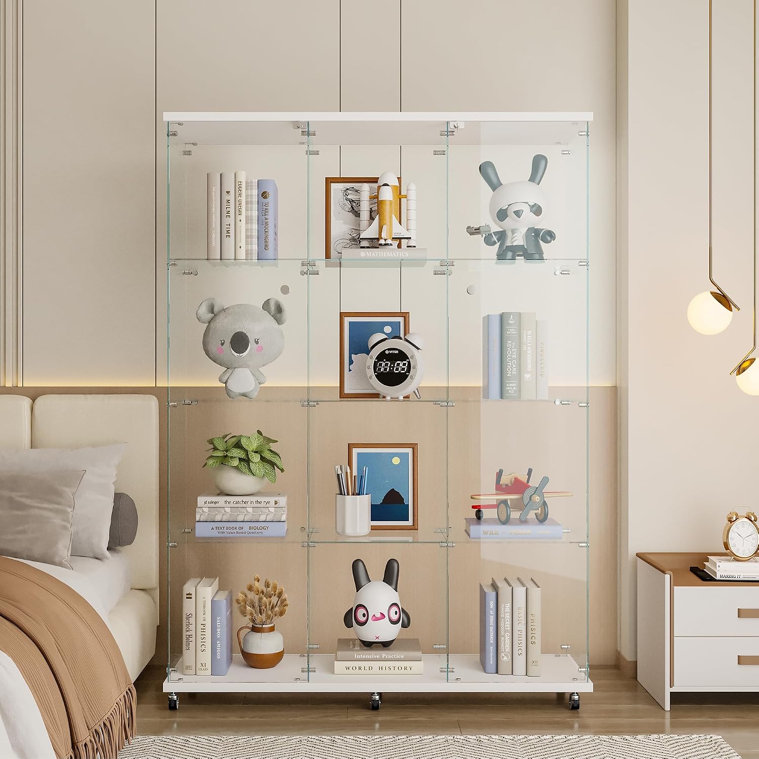 4 Shelves Glass Display Cabinet Extra Large, Curio Collection Glass Display Case for Home Office, Floor Standing Bookshelf Corner Cabinet for Book Toys Glory (White)