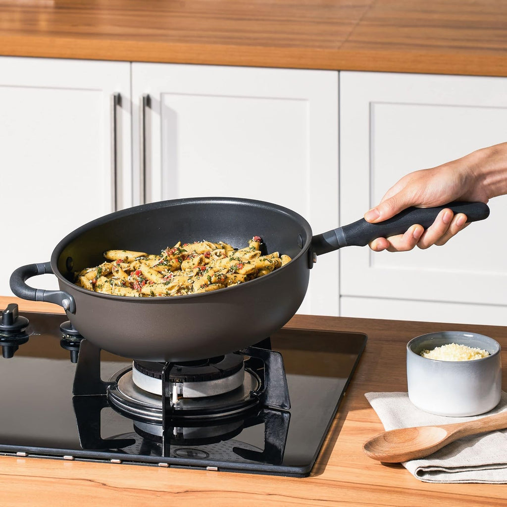 Meyer 6pc Stackable Set with Universal Lids | Hard Anodized Non Stick and Stainless Steel Pots and Pans | Induction Compatible | Dishwasher Safe | Oven Safe | Black & Gray | Accent Series Cookware