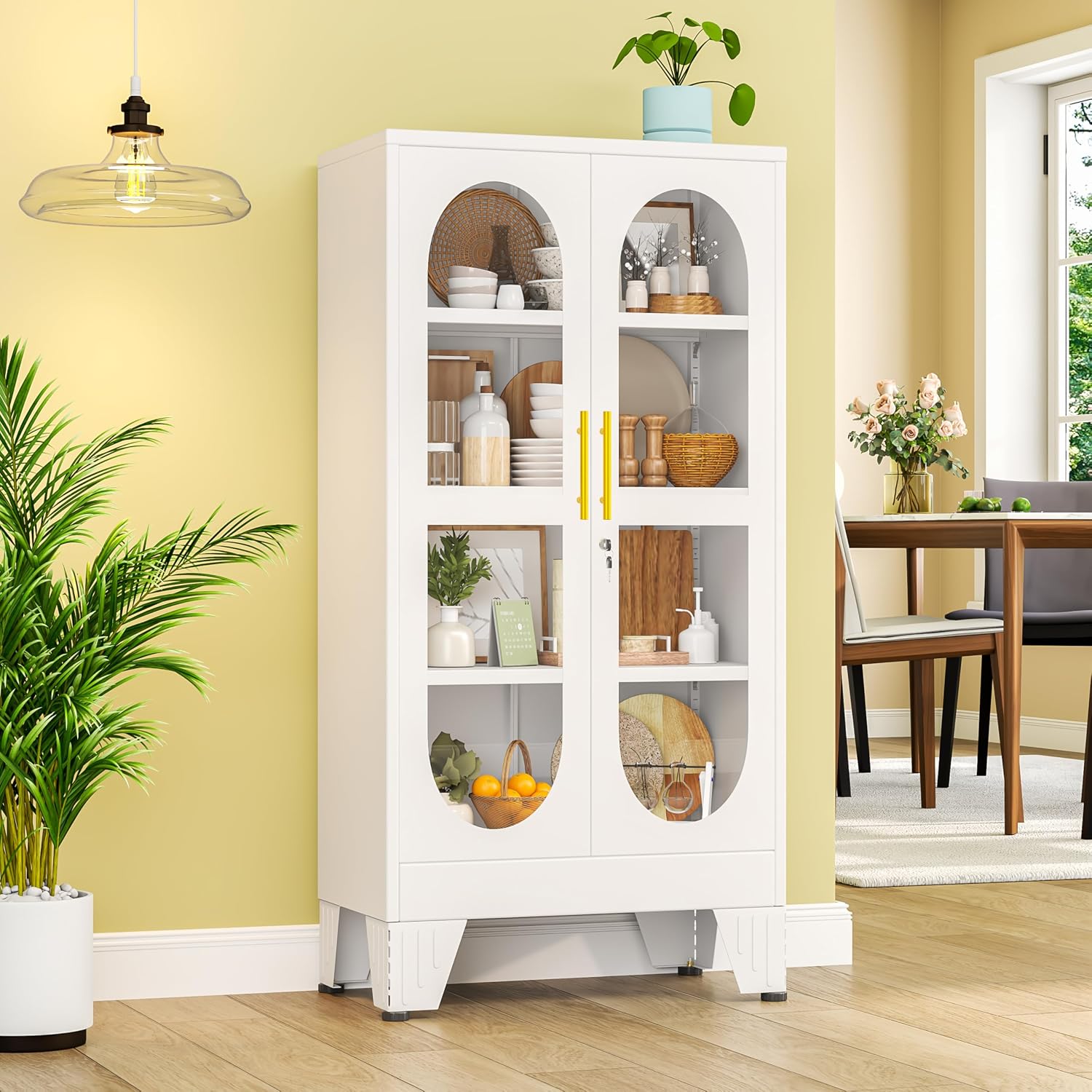 47'H Metal Display Cabinet with Glass Door and Lock, Tall Storage Cabinet with 3 Adjustable Shelves, 4 Tier Liquor Cabinet Metal Curio Cabinet Multi-Purpose Display Case for Collectibles Living Room