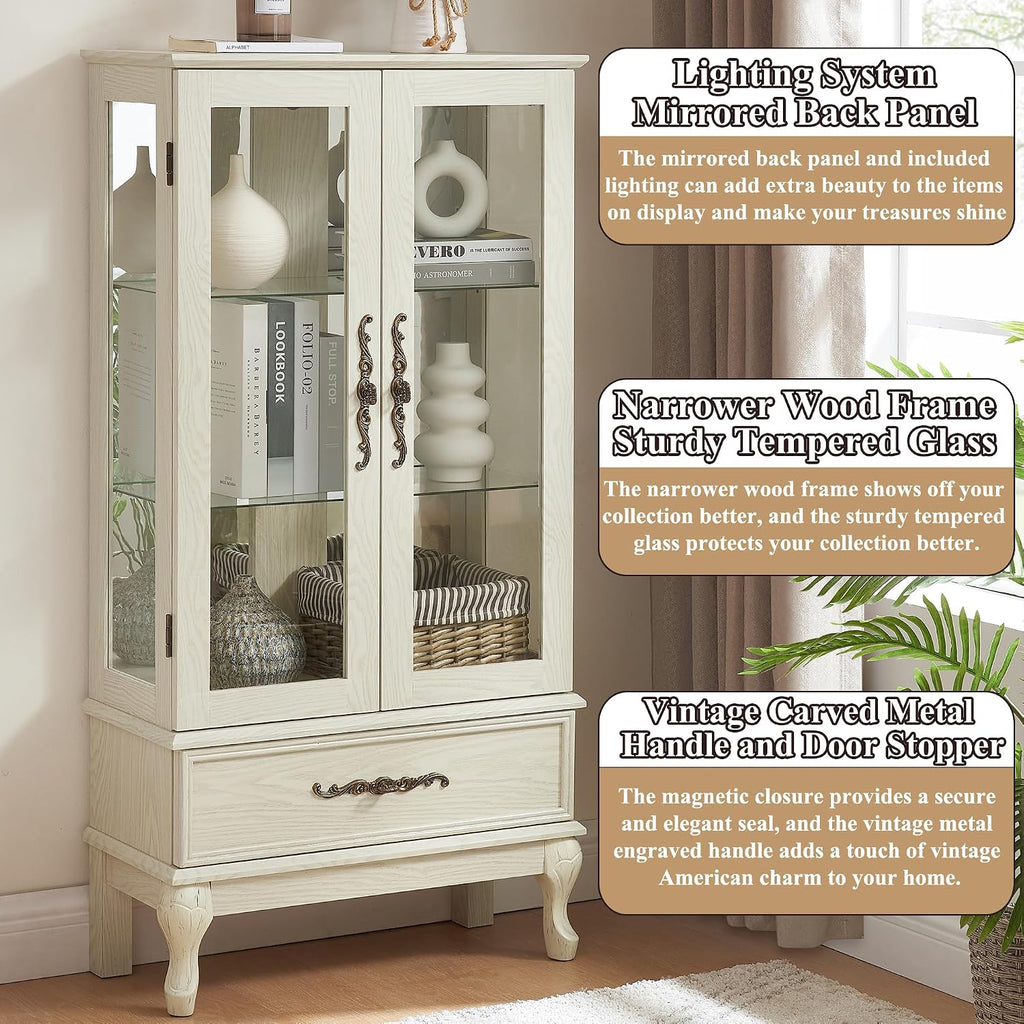 51' H Lighted Curio Cabinet Display Case, Glass Curio Cabinet with Adjustable Shelves,Tempered Glass Door and Drawer, Wooden Cabinets w/Mirrored Back Pane for Living Room (Antique White)