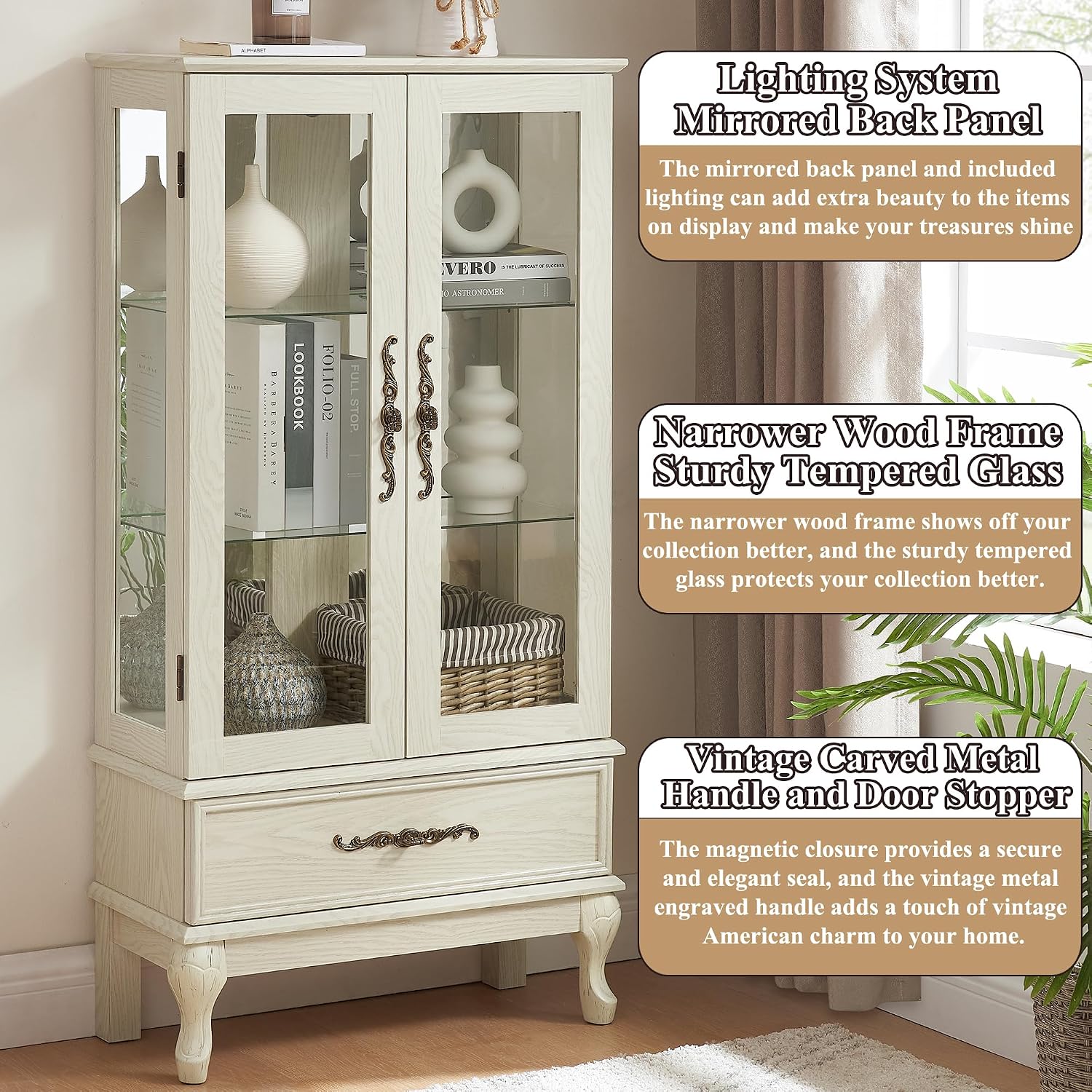 51' H Lighted Curio Cabinet Display Case, Glass Curio Cabinet with Adjustable Shelves,Tempered Glass Door and Drawer, Wooden Cabinets w/Mirrored Back Pane for Living Room (Antique White)