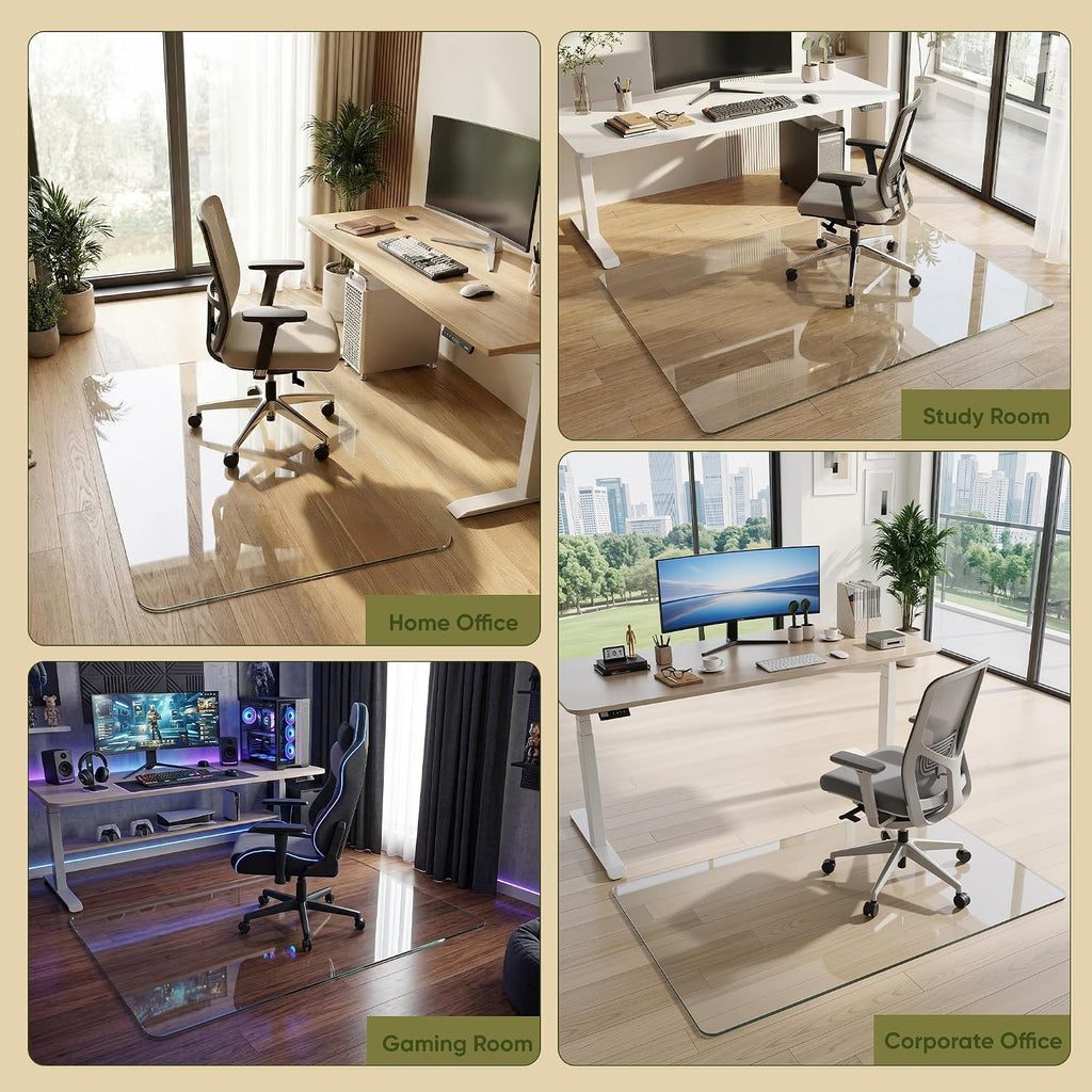 Tempered Glass Chair Mat for Hardwood Floor, 46' x 55' Heavy Duty Glass Office Chair Mat, for Low Pile Carpet, 0.2' Thick with 4 Non-Slip Pads, Smooth Rolling for Home & Office