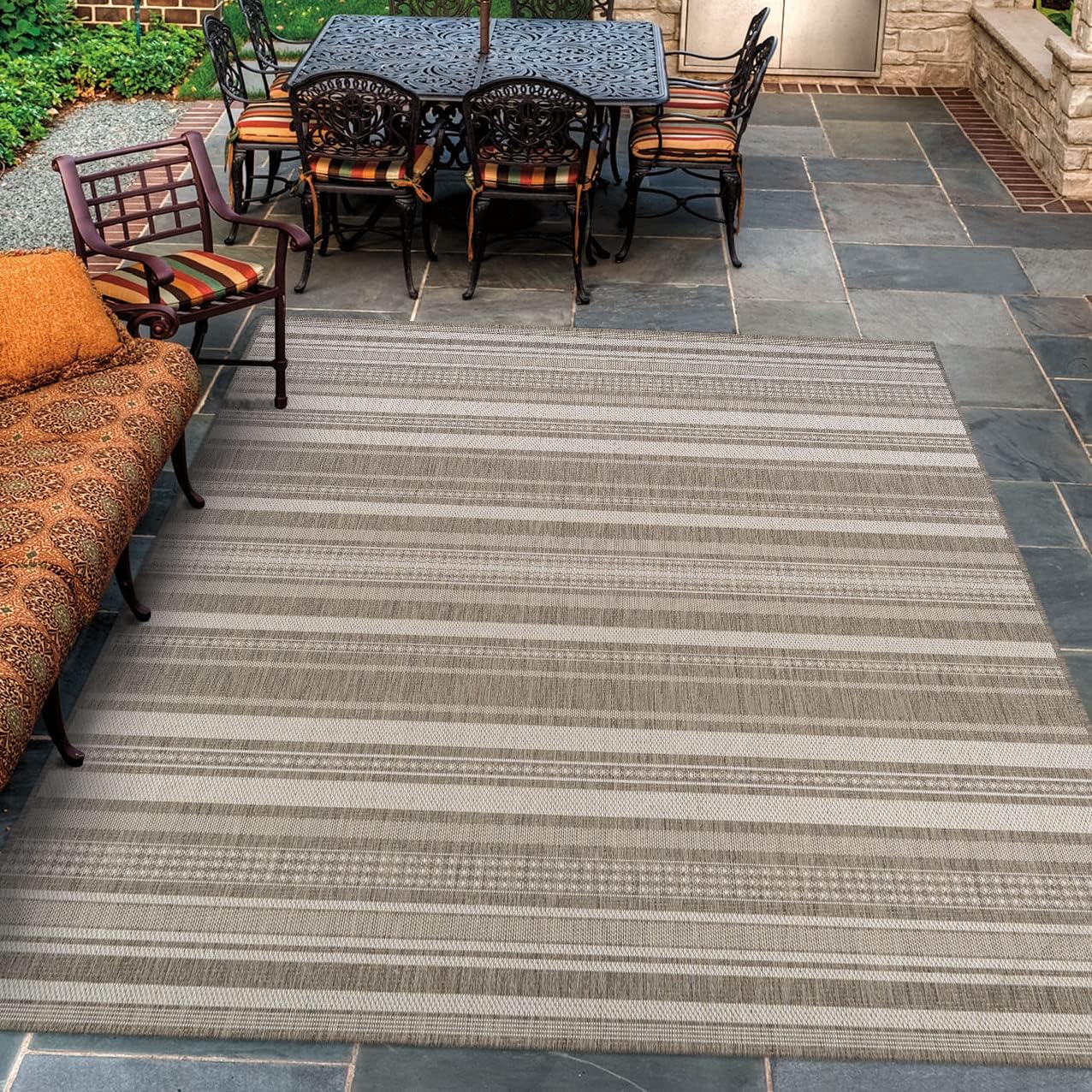 Couristan Recife Indoor Outdoor Rug - Gazebo Stripe 5'10' x 9'2' Rectangle in Champagne and Taupe, Low Pile, Hose Washable, Pet- Kid Friendly Home Decor for Living Room, Patio Furniture Set, Kitchen