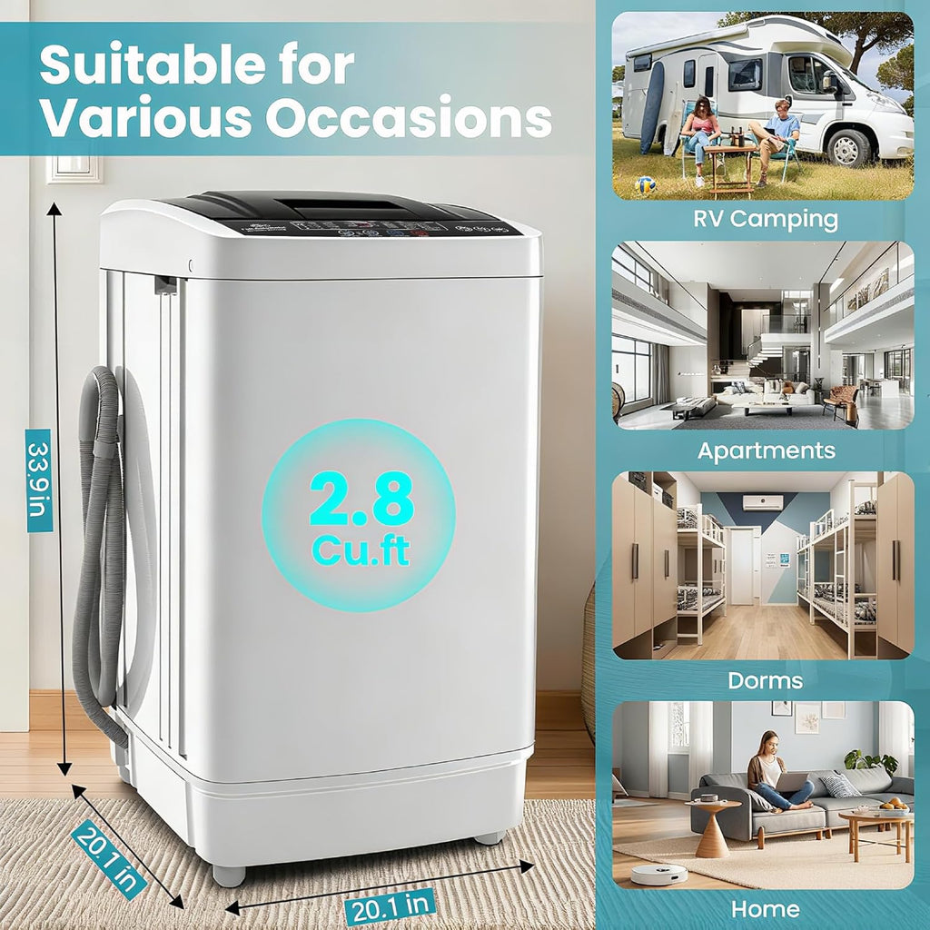 Nictemaw 2.8 Cu.ft Portable Washing Machine, 20 lbs Capacity Full Automatic Washing Machine with 10 Wash Programs, LED Display & Drain Pump, Portable Washer for Apartments, RV, Dorm, Home, Off-white