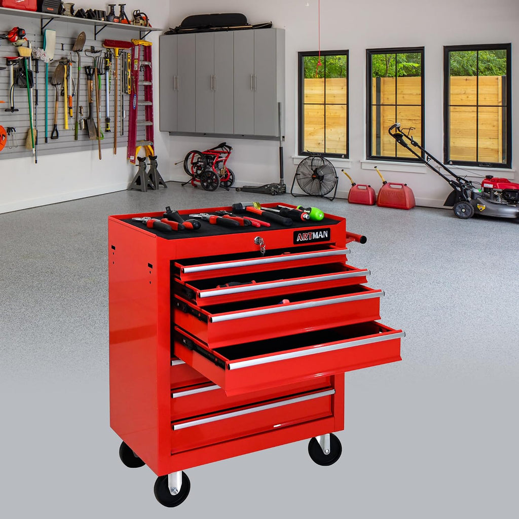 Rolling Tool Cabinet with 7 Drawers, Heavy Duty Steel Tool Cart on Wheels, Lockable Garage Tool Storage Cabinet, 300 lb Capacity, Ball-Bearing Slides, Powder-Coated Finish, Red