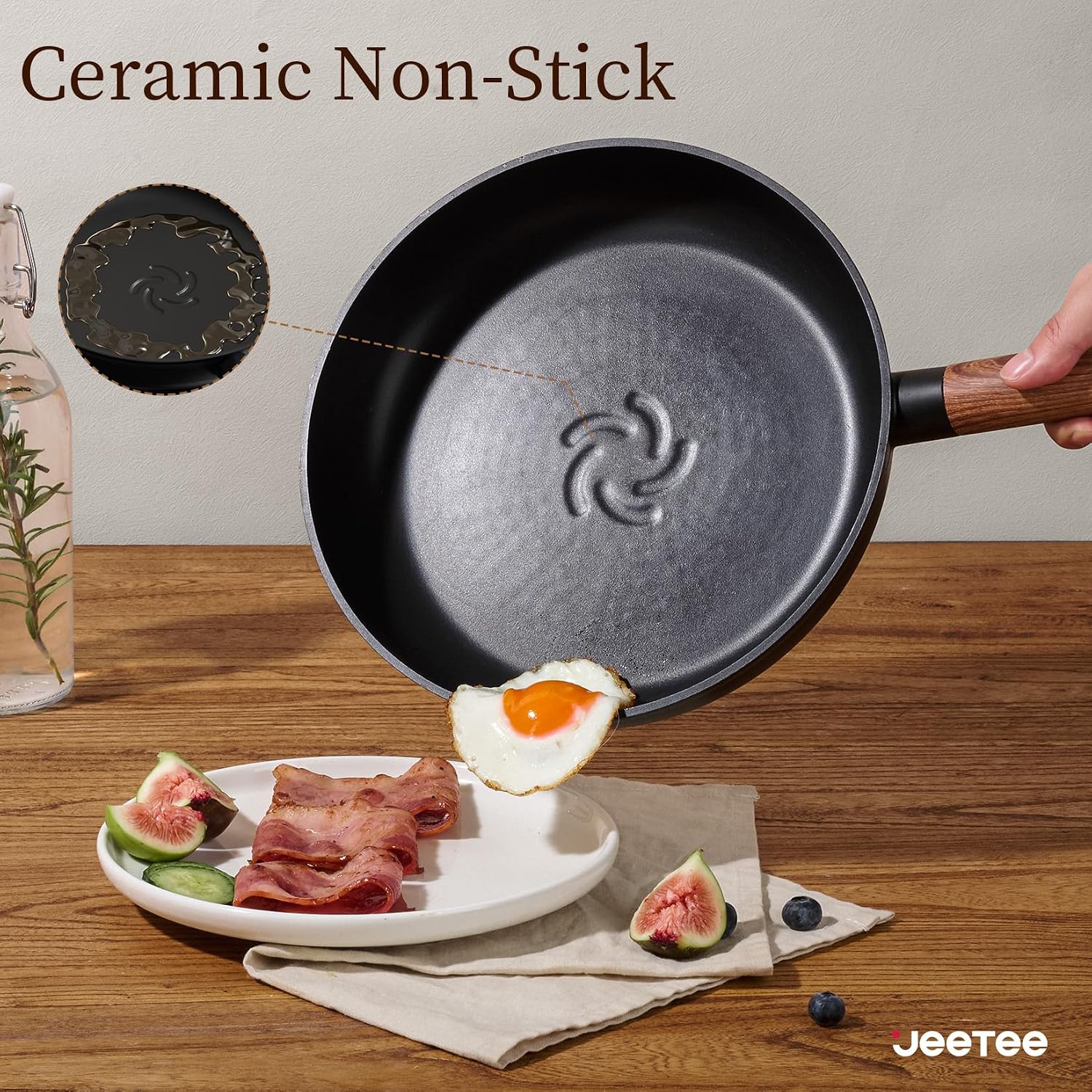 JEETEE Ceramic Cookware Set, 15 PCS Pots and Pans Set Non Stick with Removable Handles, Non Toxic Induction Kitchen Cookware Sets, Oven Safe PFAS/PFOA Free Black