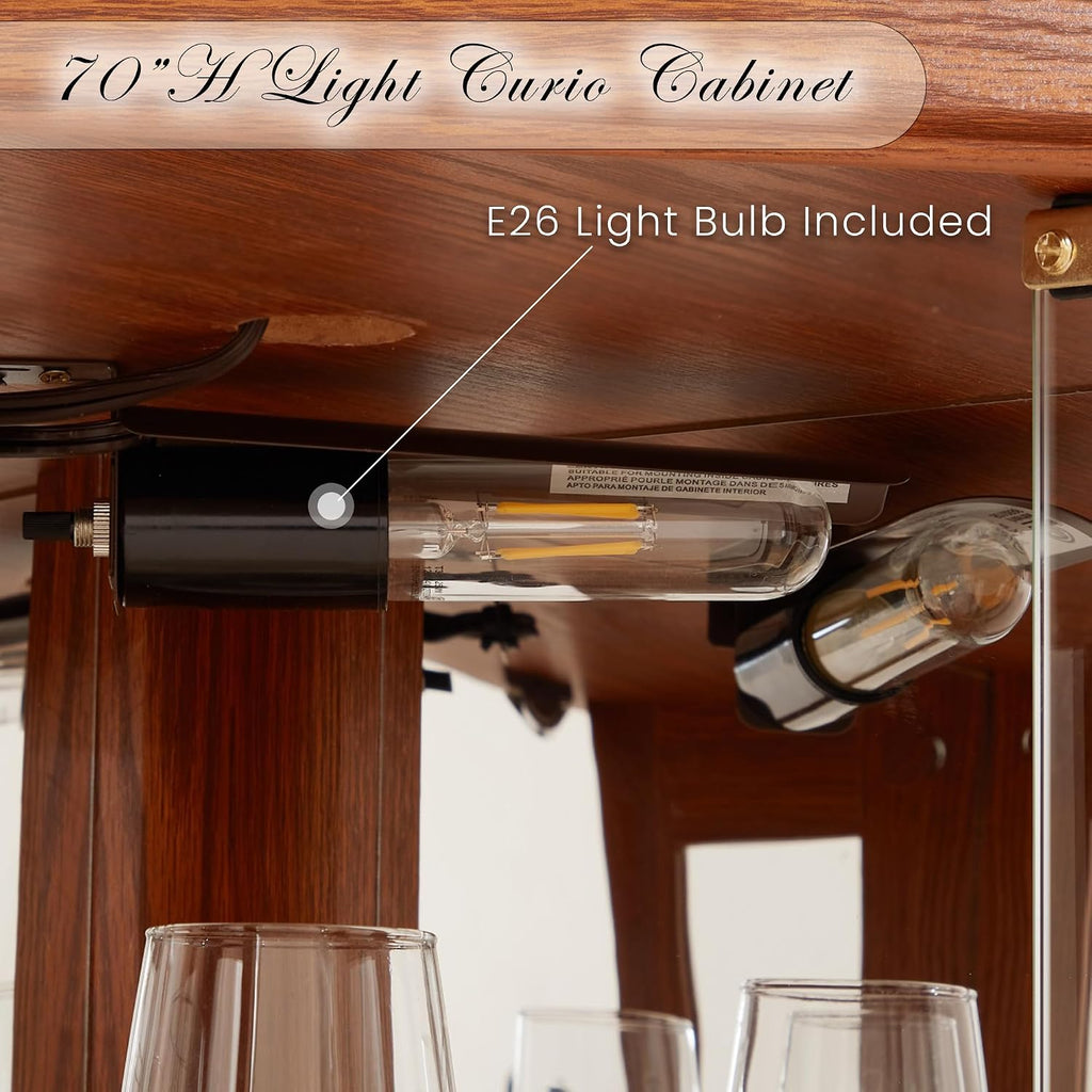 70' Lighted Corner Curio Cabinet, Wood China Display Case with Tempered Glass Doors & Adjustable Shelves, Light Bulb Included, Tall Wine Storage Rack for Bar and Liquor Storage (Dark Oak)