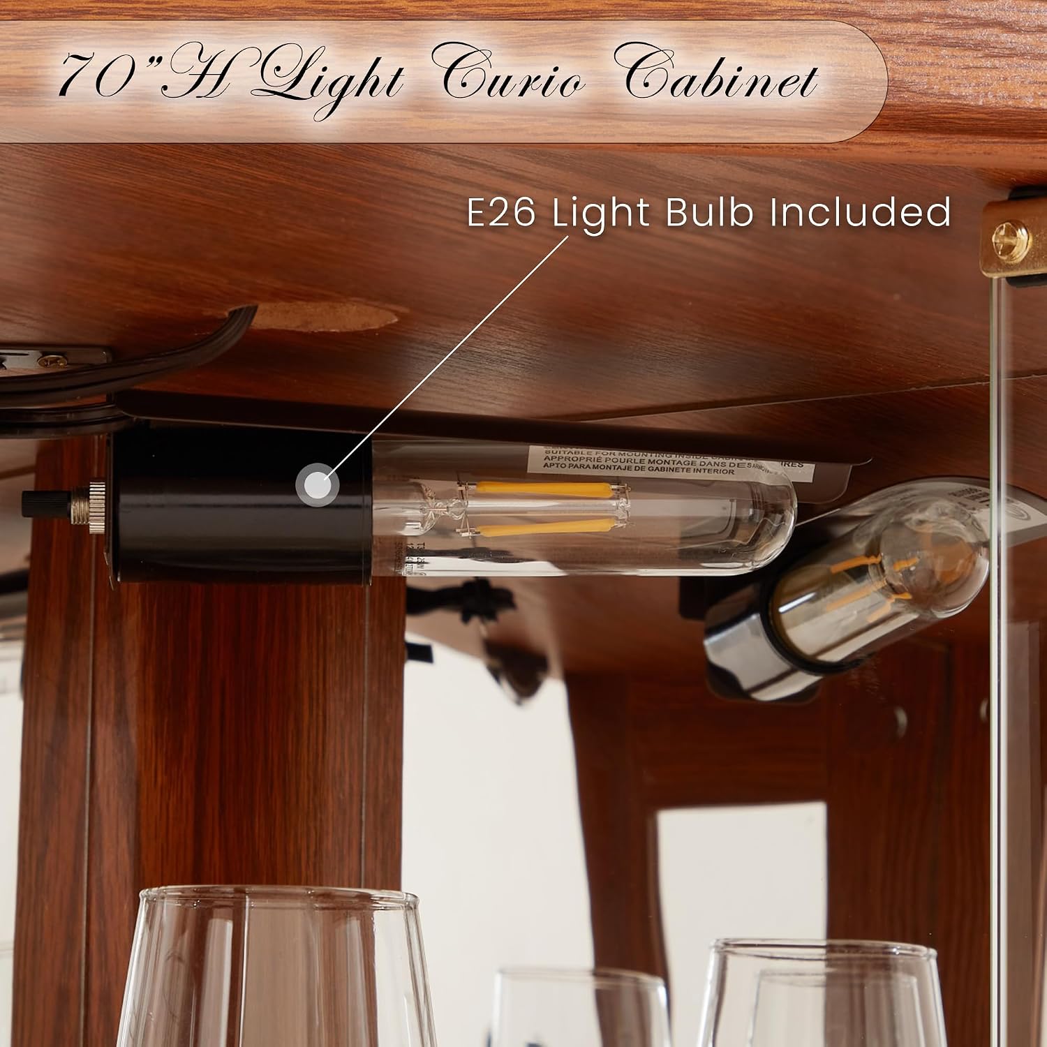 70' Lighted Corner Curio Cabinet, Wood China Display Case with Tempered Glass Doors & Adjustable Shelves, Light Bulb Included, Tall Wine Storage Rack for Bar and Liquor Storage (Dark Oak)