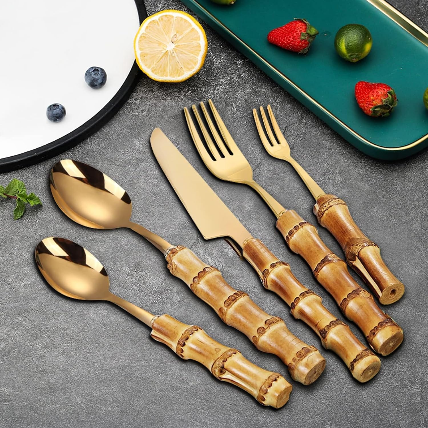 60-Piece Gold Bamboo Flatware Set for 12 – Bamboo Handle Cutlery Set, Reused Kitchen Utensils, Household Silverware with Golden Finish (Knife, Fork, Spoon)