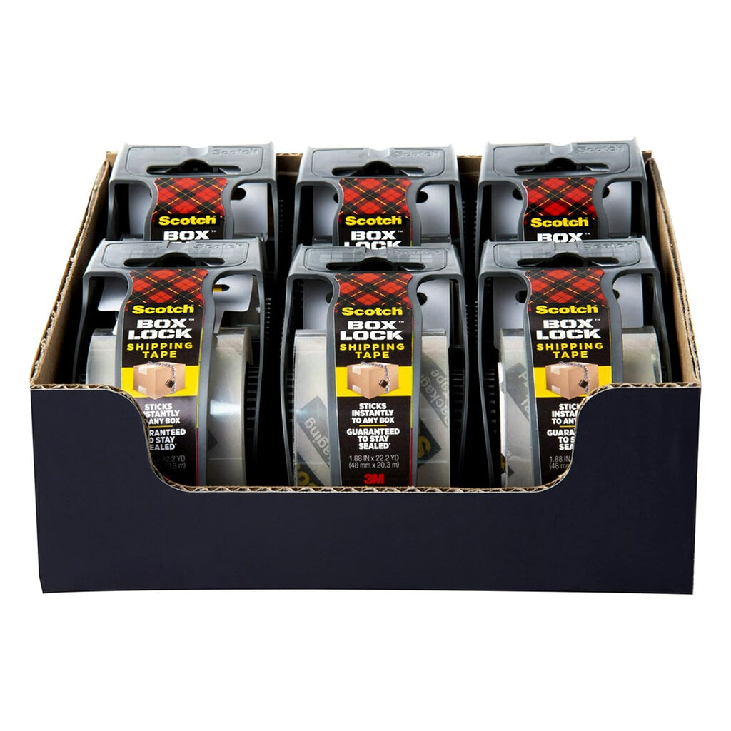 Scotch Box Lock Packing Tape,Clear,Extreme Grip Box Packaging Tape for Shipping and Mailing,1.88 in. x 22.2 yd.,6 Rolls with Dispensers,(Pack of 6)