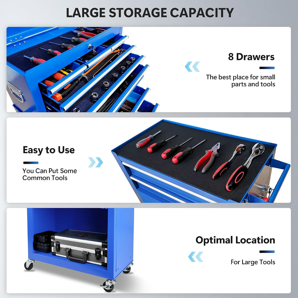 Rolling Tool Chest with Wheels and 8 Drawers, Detachable Large Tool Cabinet with Lock for Garage, Locking Mechanic Tool Cart with Black Liner for Warehouse, Workshop, High Capacity
