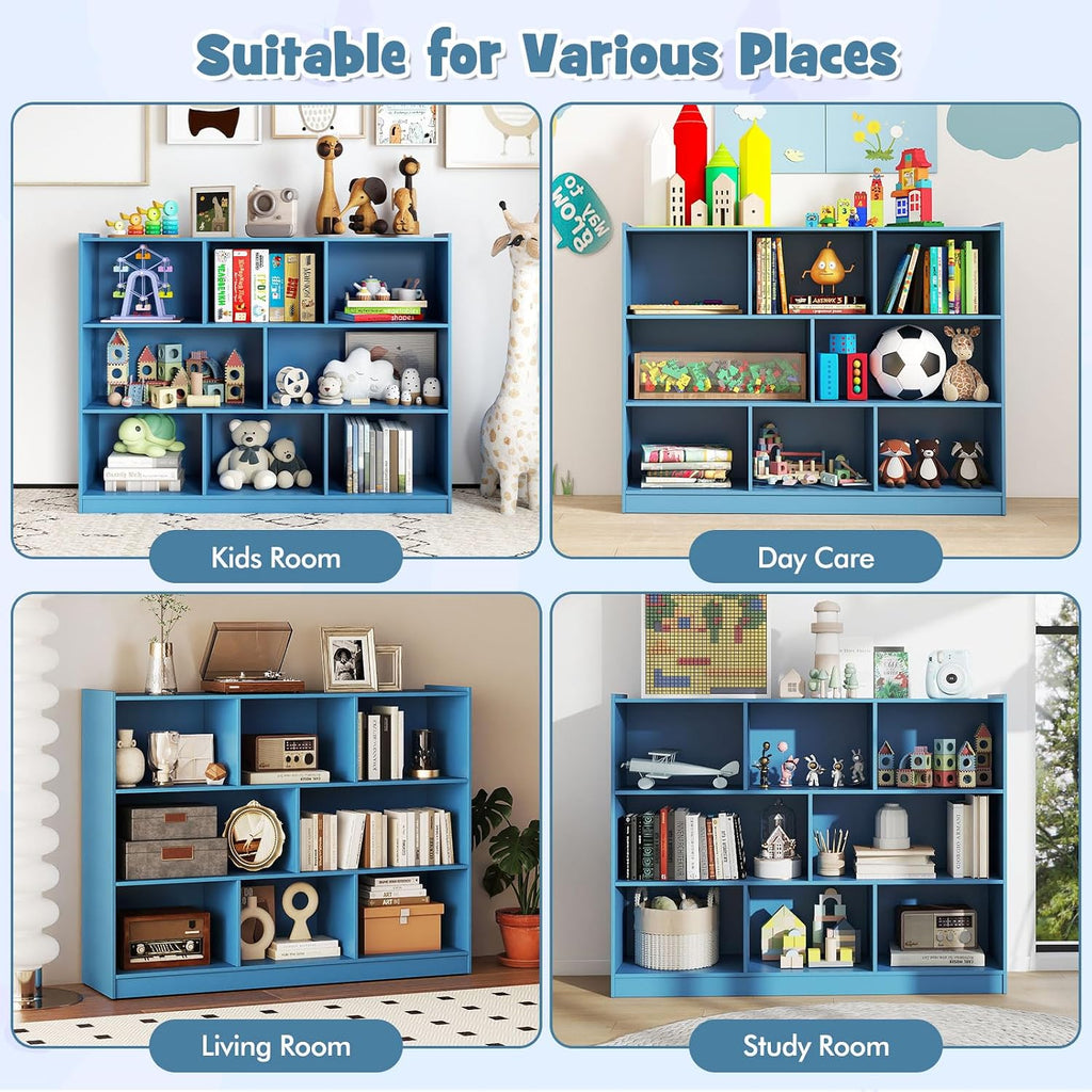 HONEY JOY Kids Toy Storage Organizer, 8-Section Storage Daycare Shelf for Preschool, Children 3-Tier Open Wooden Display Book Shelf Organizer for Classroom, Playroom & Nursery, Kindergarten (Blue)