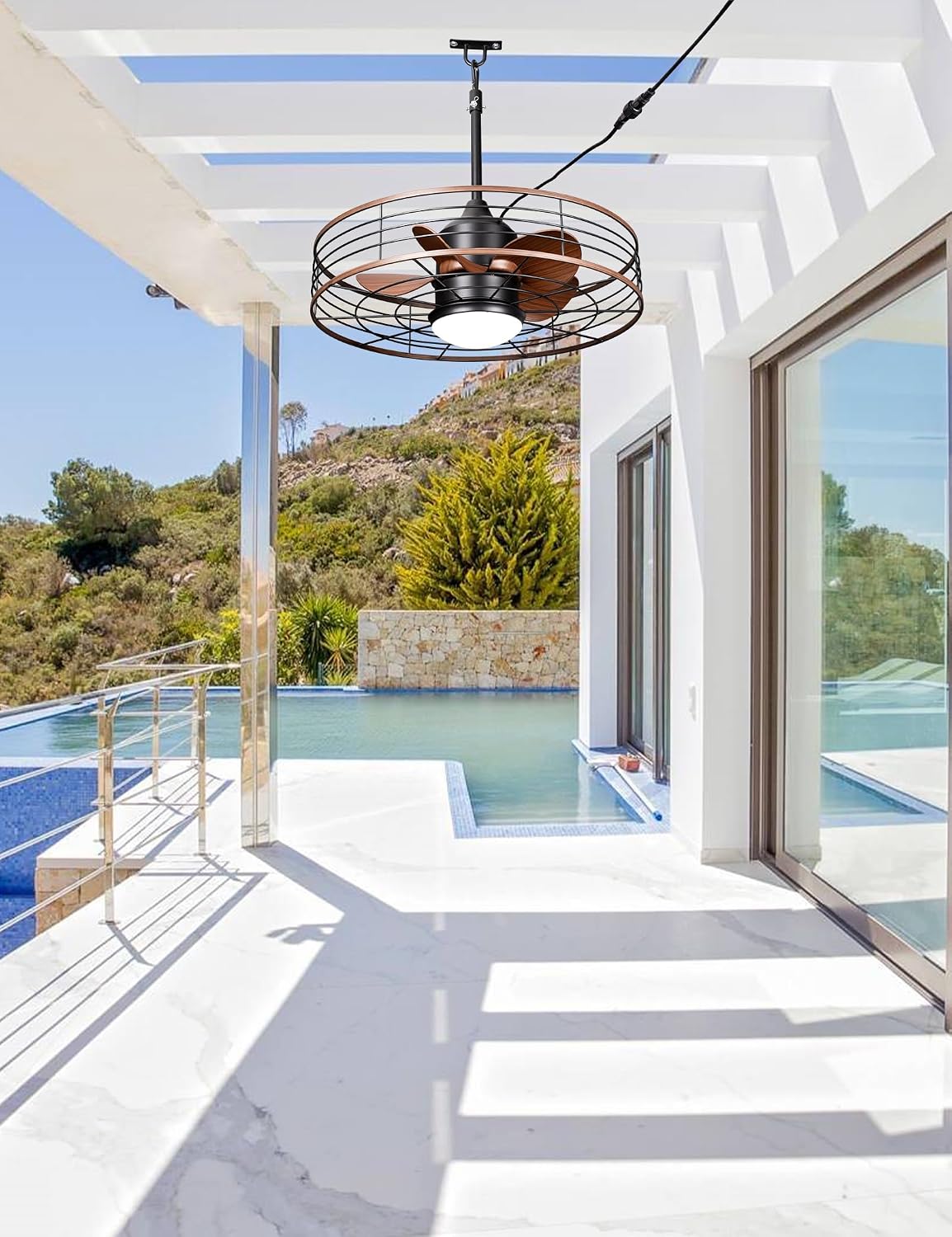 Dawn Whisper 24' Wet Rated Outdoor Ceiling Fans with Light Waterproof Outdoor Fans for Patio Porch Pergola Pavilion Plug in Hanging Gazebo Ceiling Fan with 3CCT 6-Speed DC Motor