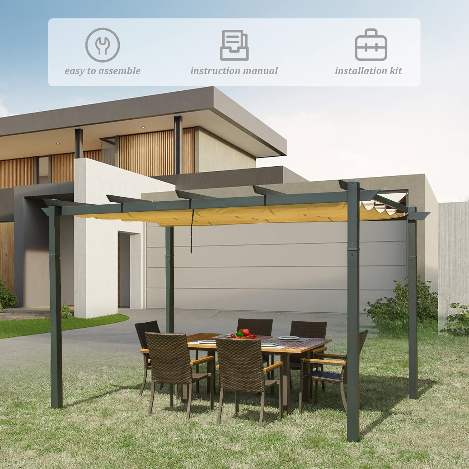 Domi 9x13FT Outdoor Pergola Canopy with Retractable Sun Shade, Weather-Resistant Aluminum Frame for Patio, Backyard, Deck, Garden, BBQ, and Gatherings