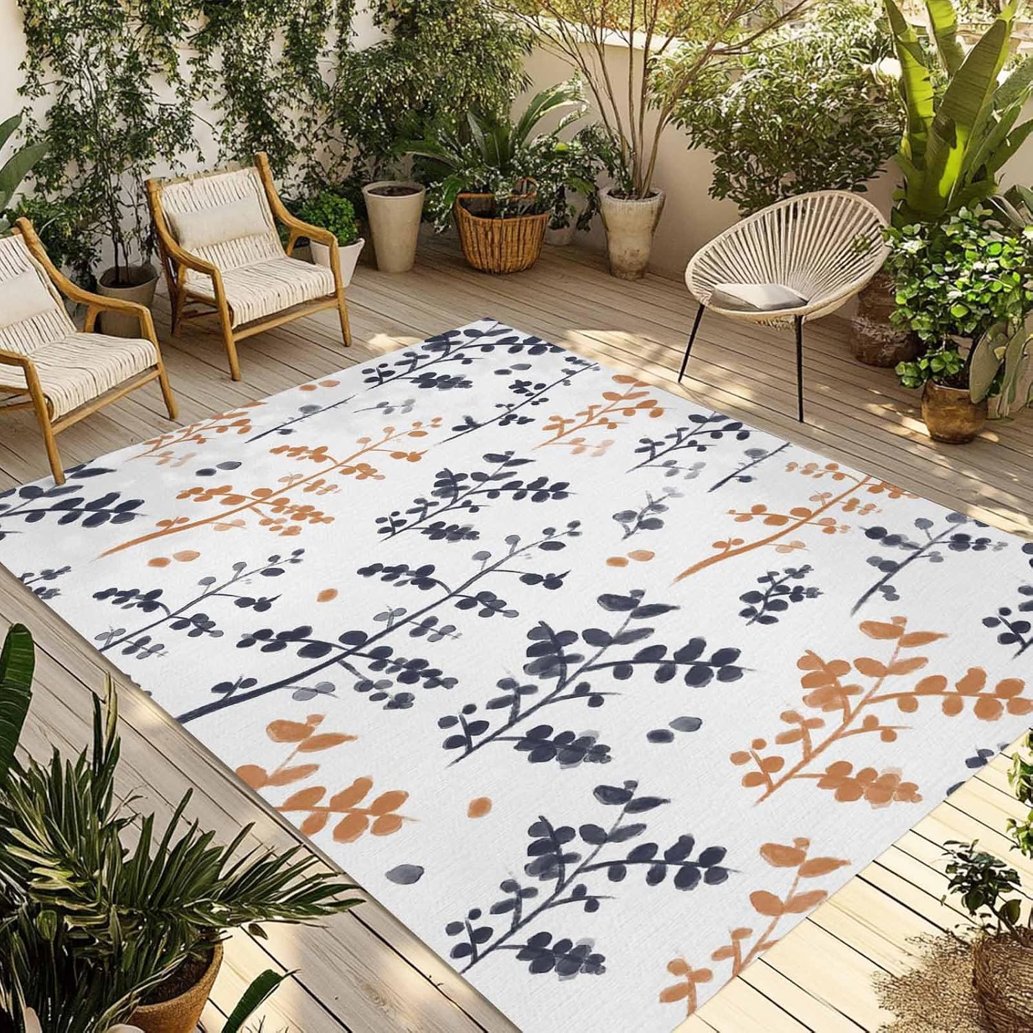 Outdoor Rug 4x6ft Black Orage Leaves Abstract Herb Patio Area Rugs Waterproof Easy Cleaning Non Shedding Thick Mats Country Carpet for Indoor Outdoor Porch Deck Backyard Balcony