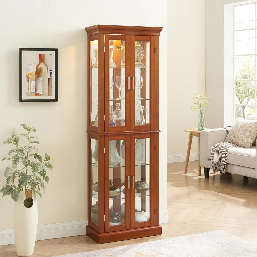 Ball & Cast Lighted Curio Cabinet,6-Tier Glass Display Cabinet with Adjustable Glass Shelves and Mirrored Back Panel for Living Room,E26 Light Blub not Included,Walnut