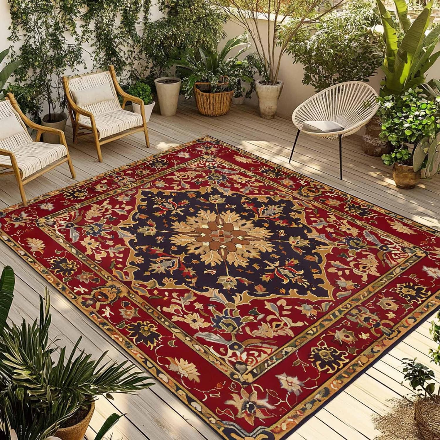 Outdoor Rug 4x6ft Floral Leaves Frames Vintage Mid Century Afghan Black Wheat Red Patio Area Rugs Waterproof Easy Cleaning Non Shedding Thick Mats Carpet for Indoor Outdoor Porch Deck Balcony