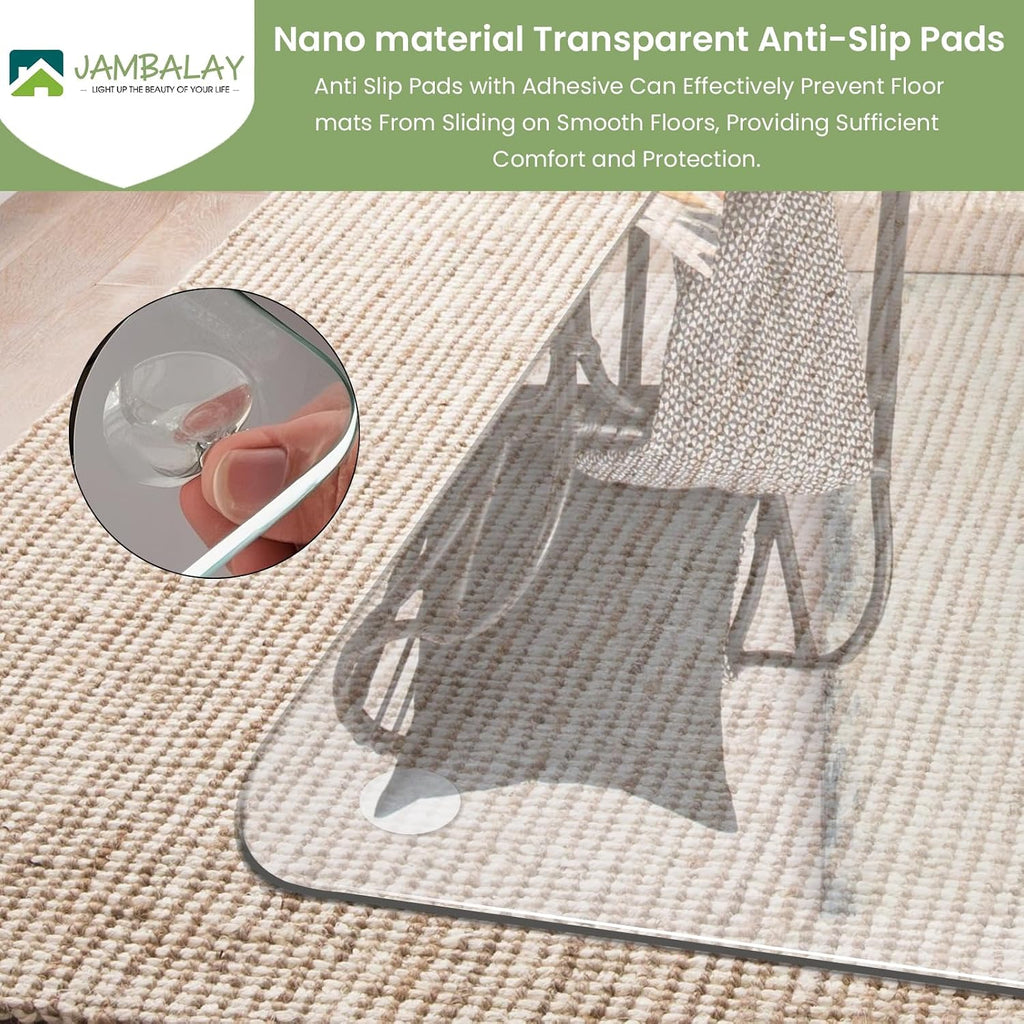 JAMBALAY 55″×46″ Tempered Glass Chair Mat, Heavy Duty Glass Office Floor Mat for Carpets and Wooden Floor, with 12 Anti-Slip Pads, Polished Edges and Round Corners, Easy Roll On, Thick 0.2″