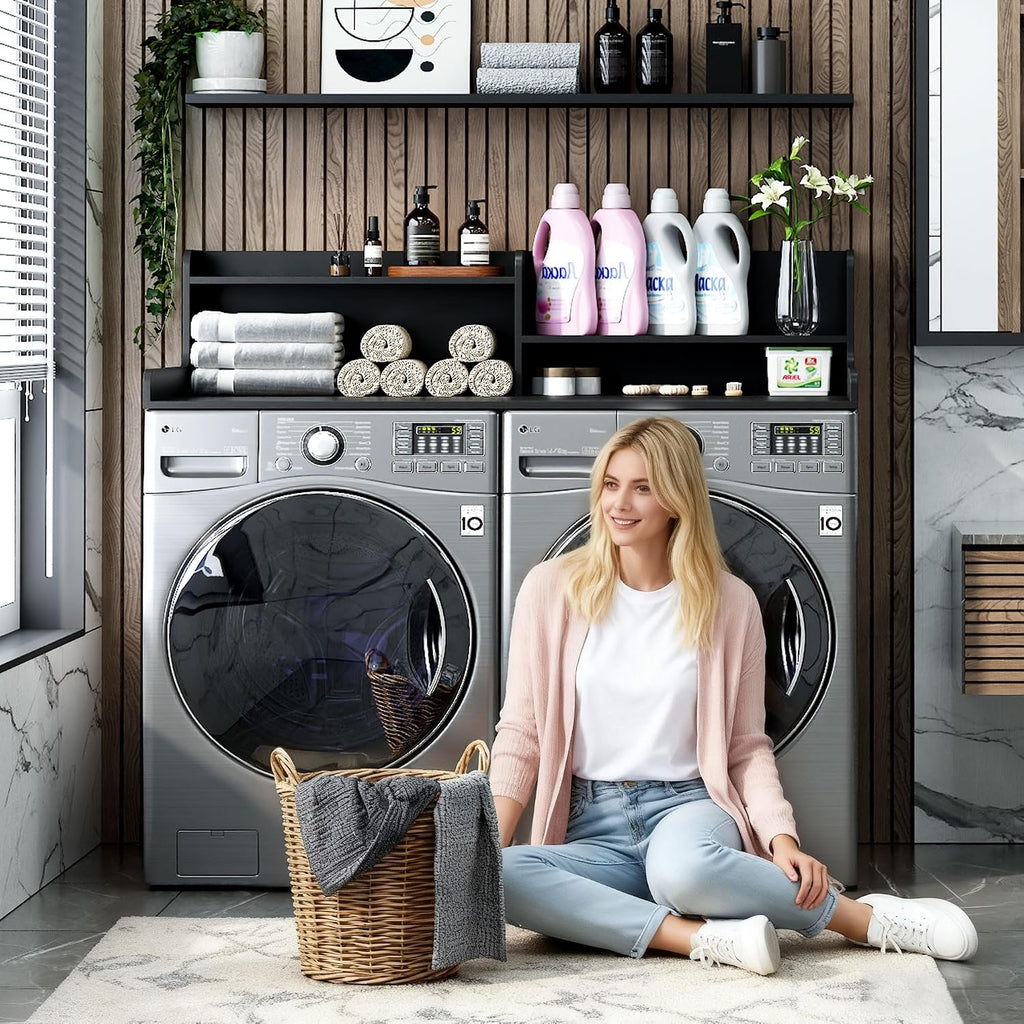 2-Tier Washer and Dryer Countertop w 54' W x 27.5' D Laundry Countertop Cover with Non-Slip Pad,Large Space Laundry Topper for Folding Clothes Over Washer and Dryer (White)