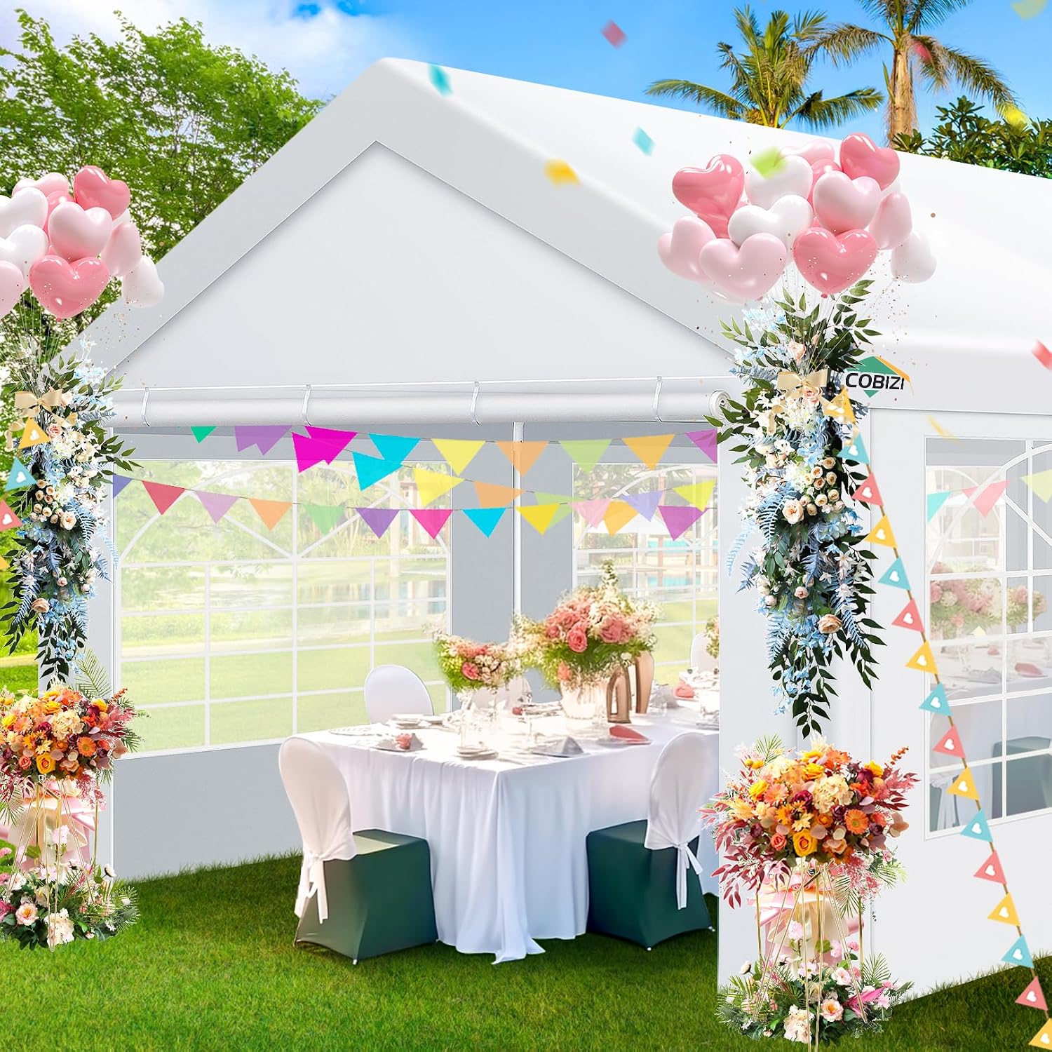 COBIZI 10x20 Party Tent Heavy Duty, 10x20 Tent with Removable Sidewalls & 4 Built-in Sandbags, Commercial White Tent, UV 50+, Waterproof, White