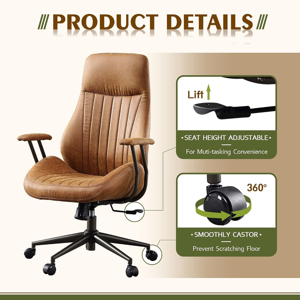 CAODOC High Back Office Chair,Modern Swivel Office Chair,Brown Suede Fabric Gaming Chair,Height Adjustable Home Office Desk Chair with Lumbar Support