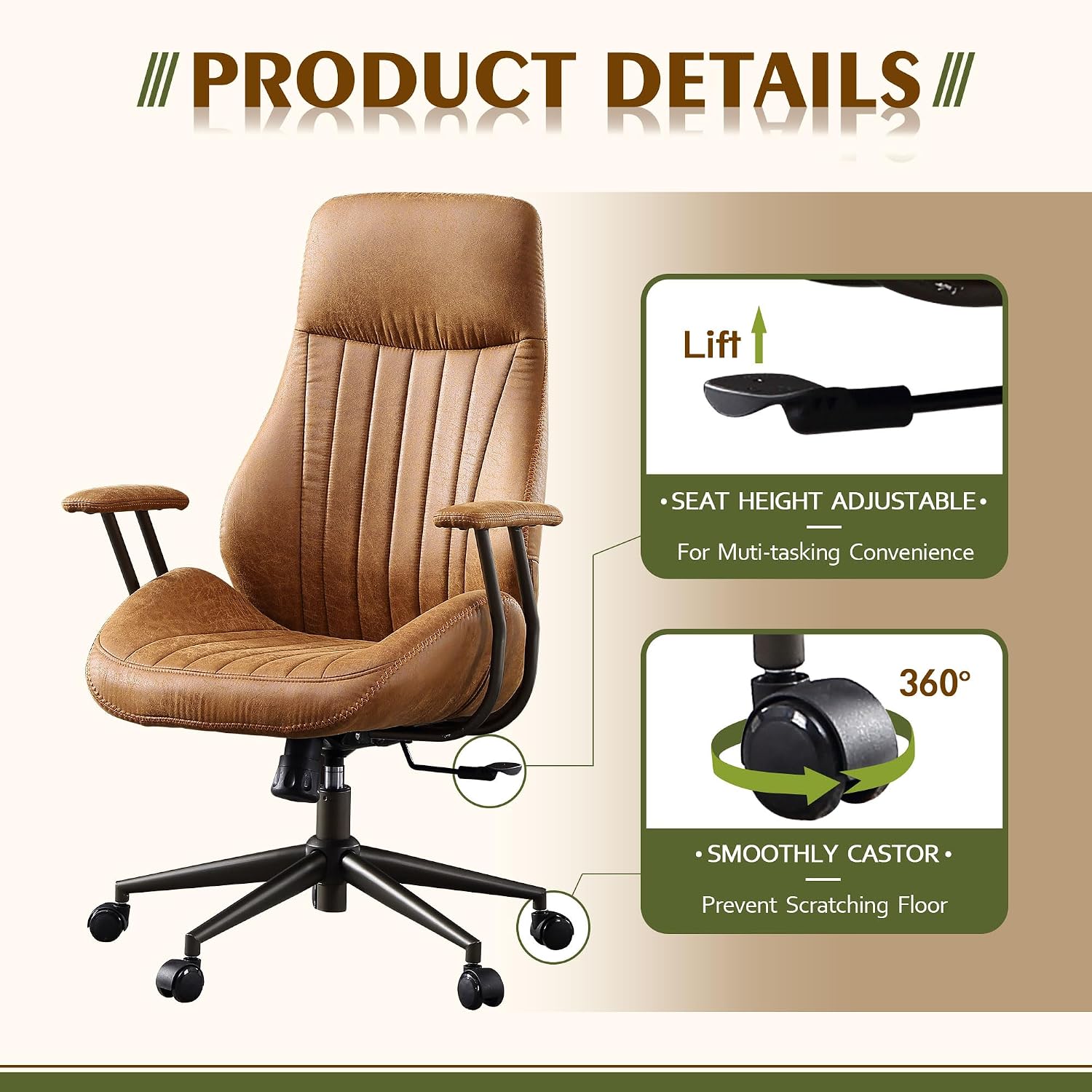CAODOC High Back Office Chair,Modern Swivel Office Chair,Brown Suede Fabric Gaming Chair,Height Adjustable Home Office Desk Chair with Lumbar Support
