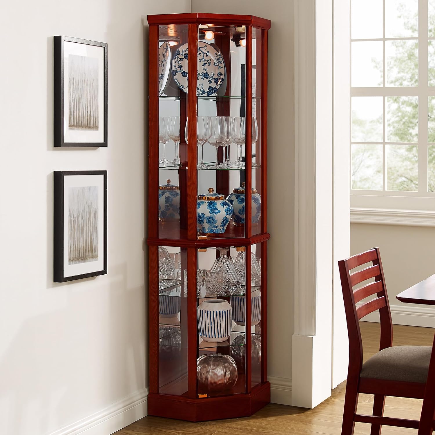 Corner Curio Cabinet, 70' Tall Lighted Glass Display Cage with Tempered Glass Doors and 5 Adjustable Shelves, Wine Bar China Cabinet for Living Room (E26 Bulb Not Inclued) (Cherry & Style 2)