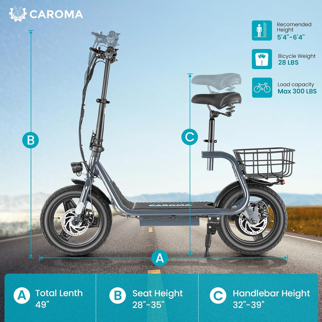 Caroma Electric Scooter with Seat for Adults, 1200W/800W Peak Motor, 30Miles Long Range & 20Mph, 14' Fat Tire Foldable E Scooter with Basket for Commuting, Grocery, Pets