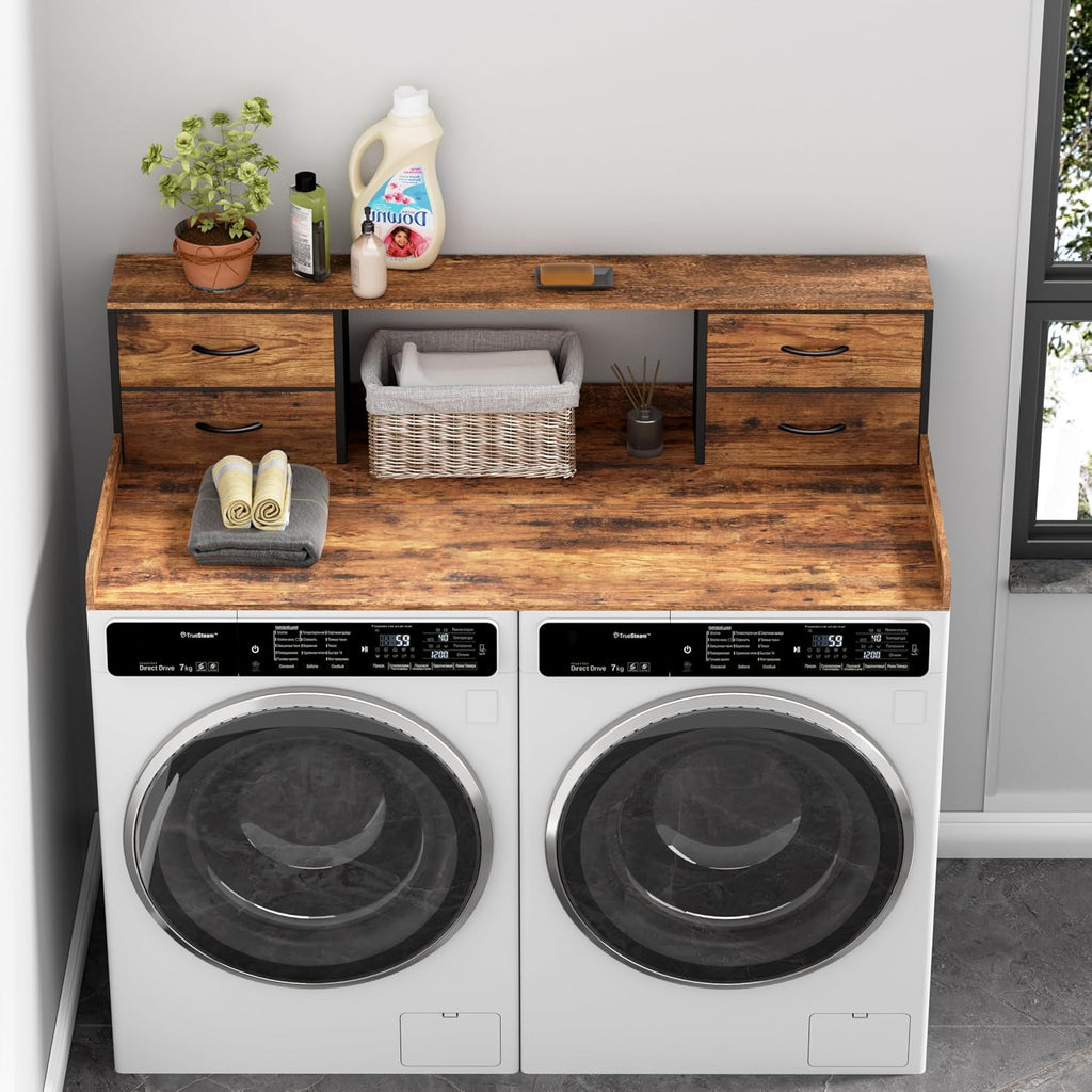 Unionly Washer and Dryer Countertop, 27.5' D x 53.9' W x 12.9' H Solid Wood Washer Dryer Countertop with Organizer Shelves with Four Drawers for Laundry Room Organization (Rustic Brown)