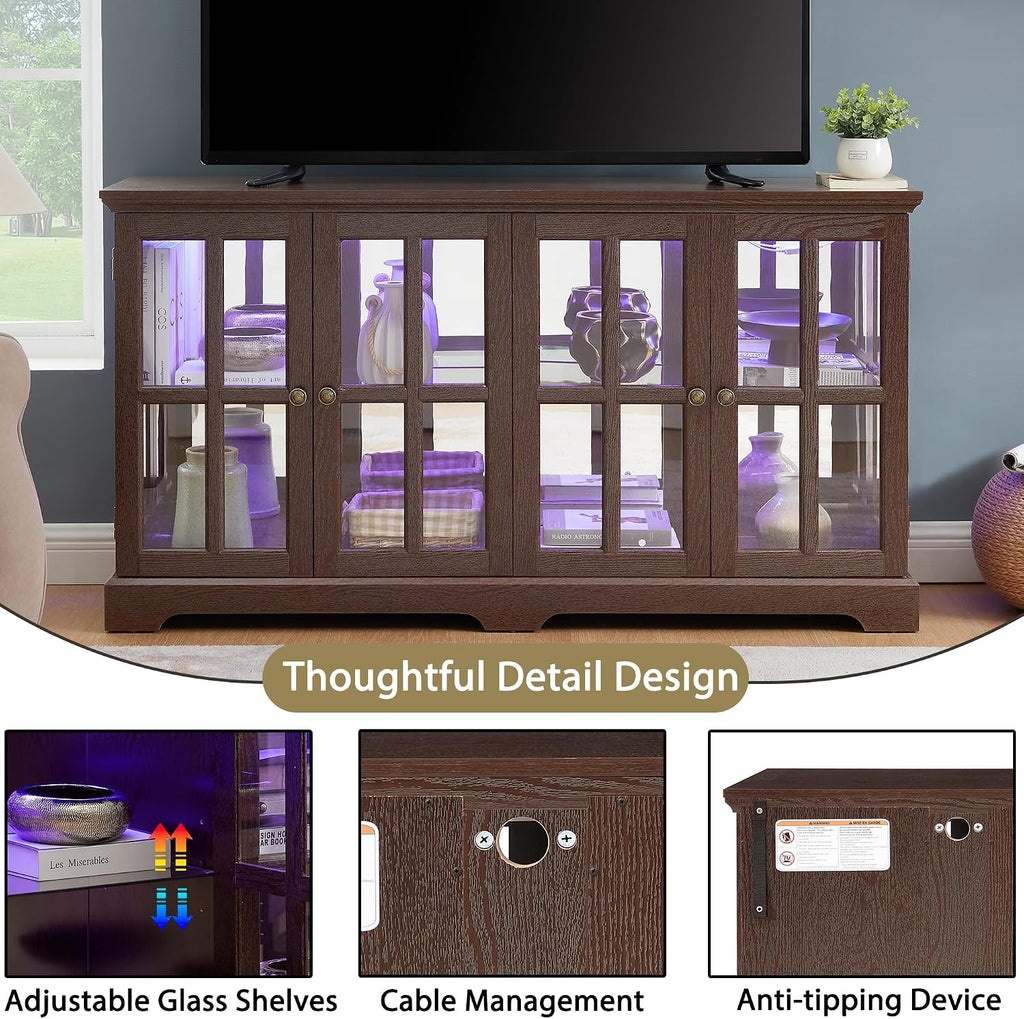 4 Door Curio Display Cabinet w/LED Light & Adjustable Shelves,59' Multipurpose Tableware Display Sideboard w/Mirrored Back Pane,Glass Storage TV Stand for Kitchen & Living Room (Cherry)