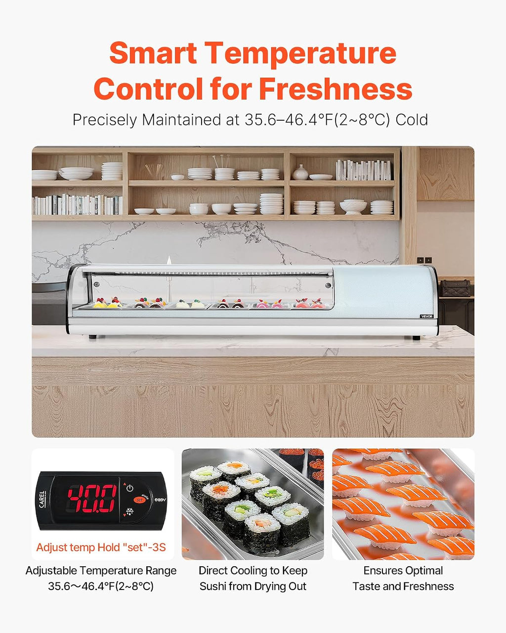 VEVOR Sushi Display Case Refrigerator, 2.2 Cu.ft Commercial Sushi Case, 6-Pan Countertop Showcase with Curved Glass, LED Lighting, and Digital Temperature Control, for Sushi-Bar, Restaurant, Store