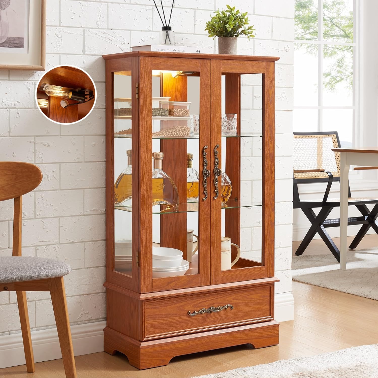 47' Lighted Glass Accent Curio Cabinet, 3-Tier Antique Storage Cage with Adjustable Shelves & Drawer, Acrylic Mirrored Pane, Light Blub Included, Small China Cabinet for Living Room/Kitchen (Dark Oak)