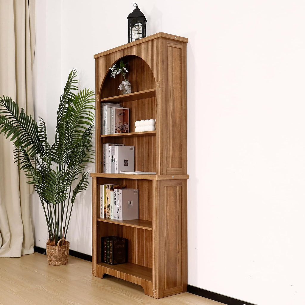 Janmer Home 71' Tall Narrow Arched Bookshelf, Mid Century Modern 5-Tier Arched Narrow Storage Bookcase with Adjustable Open Display Shelf for Office, Living Room (Walnut)