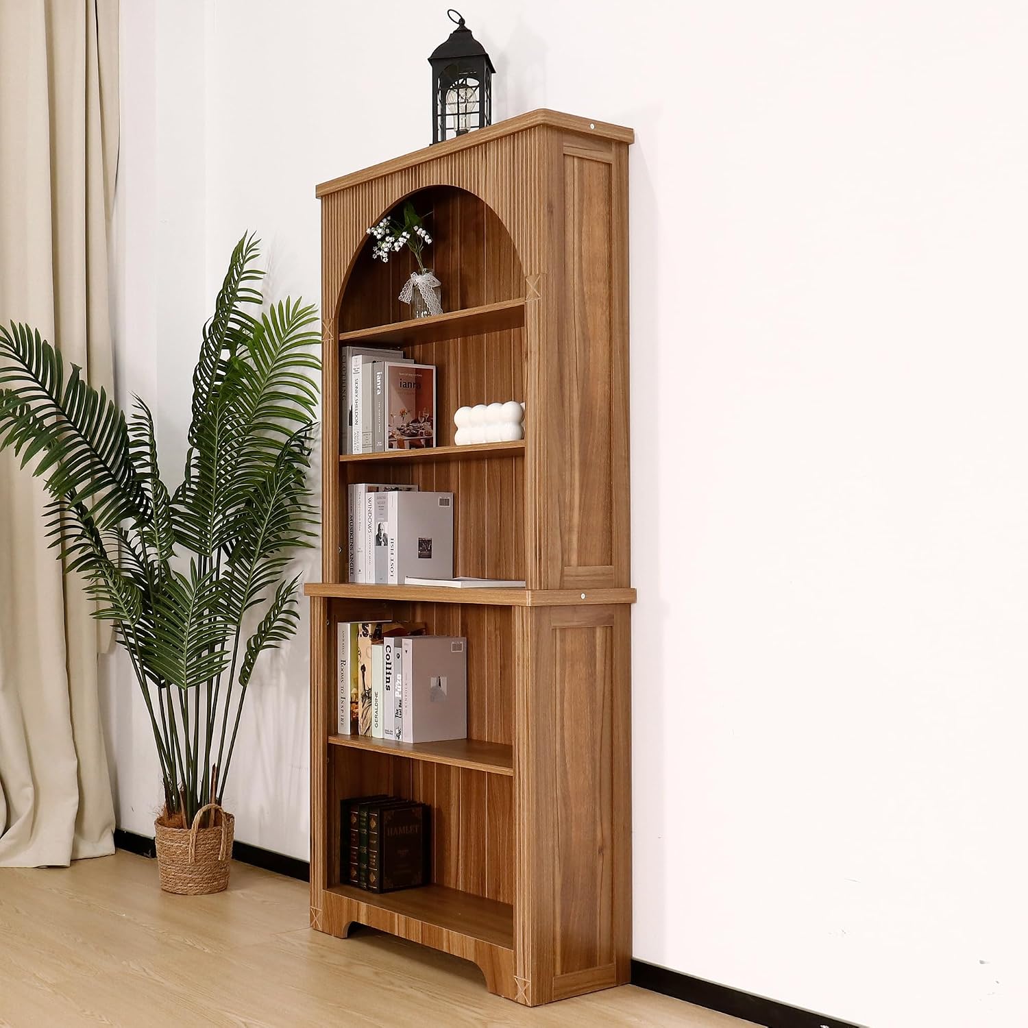 Janmer Home 71' Tall Narrow Arched Bookshelf, Mid Century Modern 5-Tier Arched Narrow Storage Bookcase with Adjustable Open Display Shelf for Office, Living Room (Walnut)