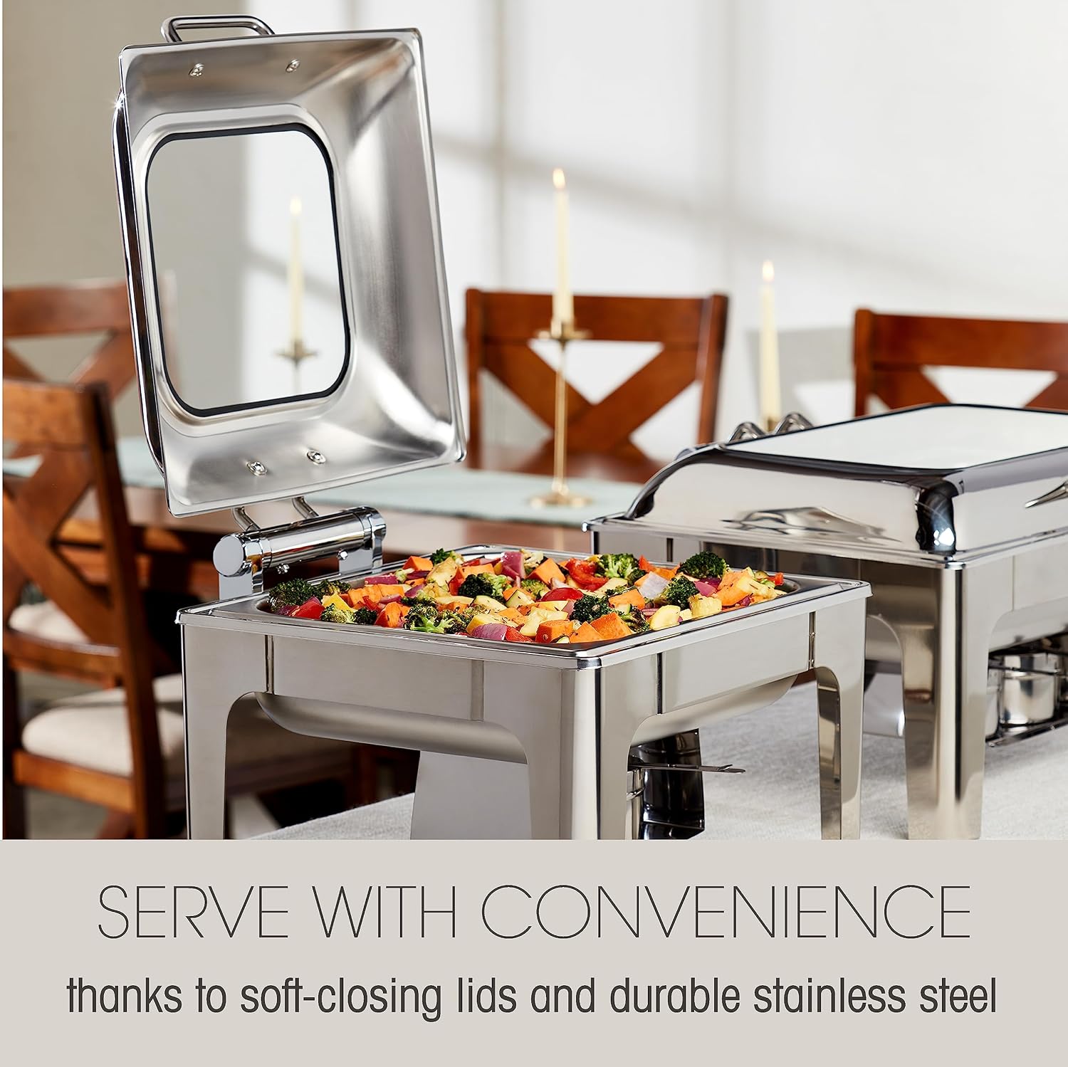 Denmark Tools for Cooks Celebrations Cookware Collection 6 Piece 9.5-Quart Heavy Gauge Stainless Steel Rectangular Chafing Dish Set with Hydraulic Soft Close Glass Lid for Entertaining & Catering