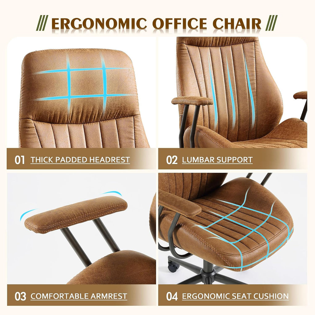 CAODOC High Back Office Chair,Modern Swivel Office Chair,Brown Suede Fabric Gaming Chair,Height Adjustable Home Office Desk Chair with Lumbar Support