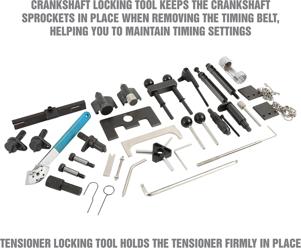 OEMTOOLS 27404 Engine Timing Tool Set for VAG, 37 Piece Engine Timing Locking Tool Kit, for VW and Audi, Timing Tool Kit with Belt Tensioner Tool, Cam Pulley Holder, Camshaft Adjuster